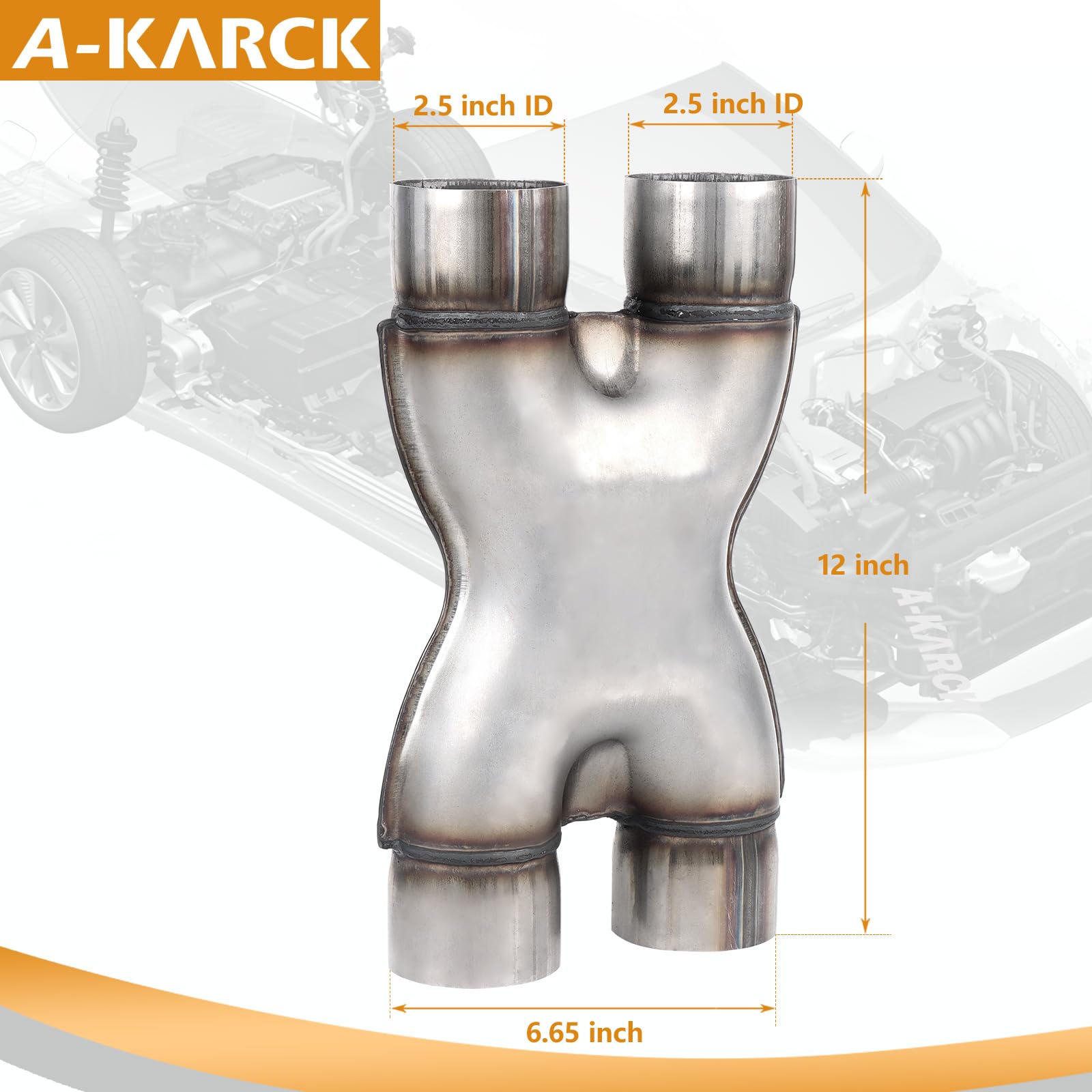 A-KARCK Stainless Steel X Pipe Dual 2.5" Inlet, 12" Long, for Smoother Exhaust, Model X2525, Color: X Pipe