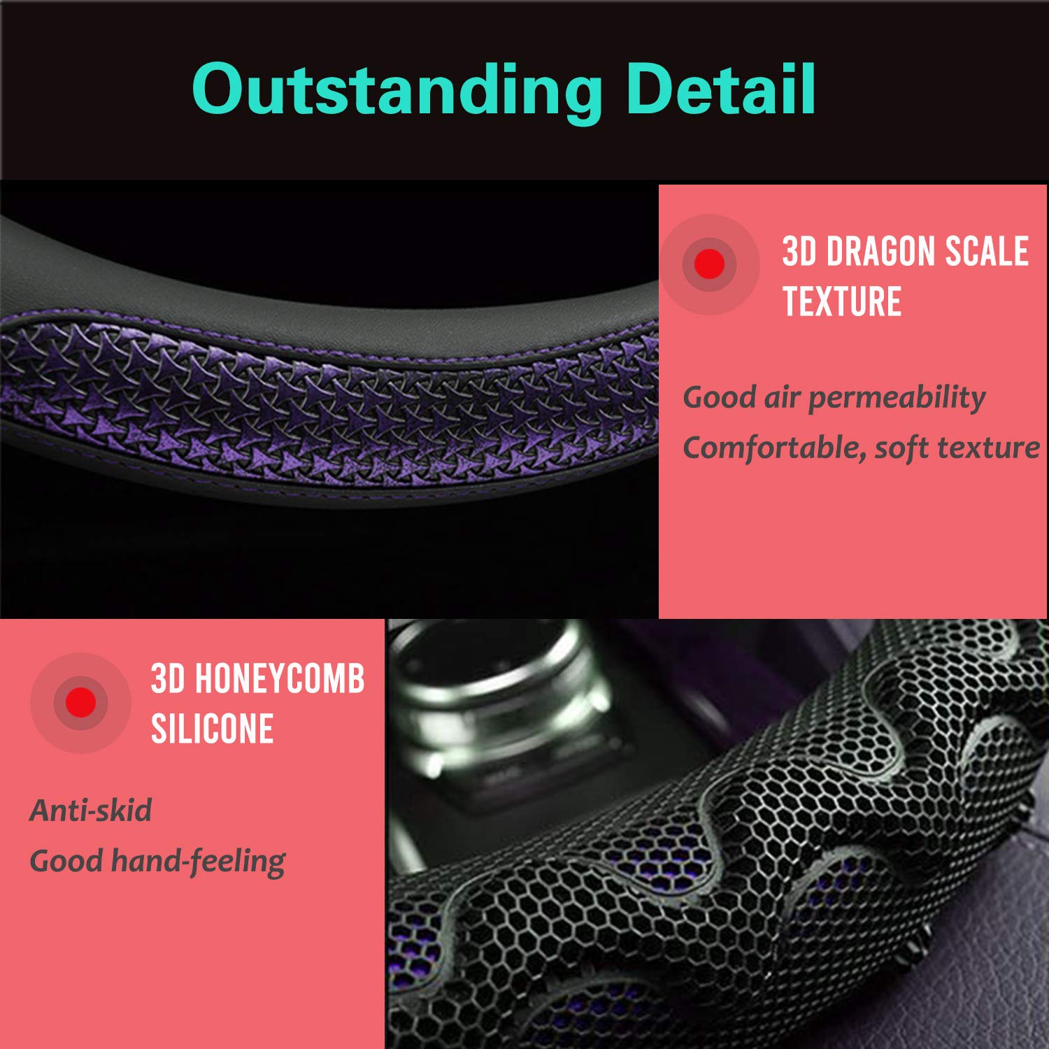 Pinctrot Large Size Steering Wheel Cover Great Grip With 3D Honeycomb Anti-Slip Design, 15.5-15.75 Inch (Purple)