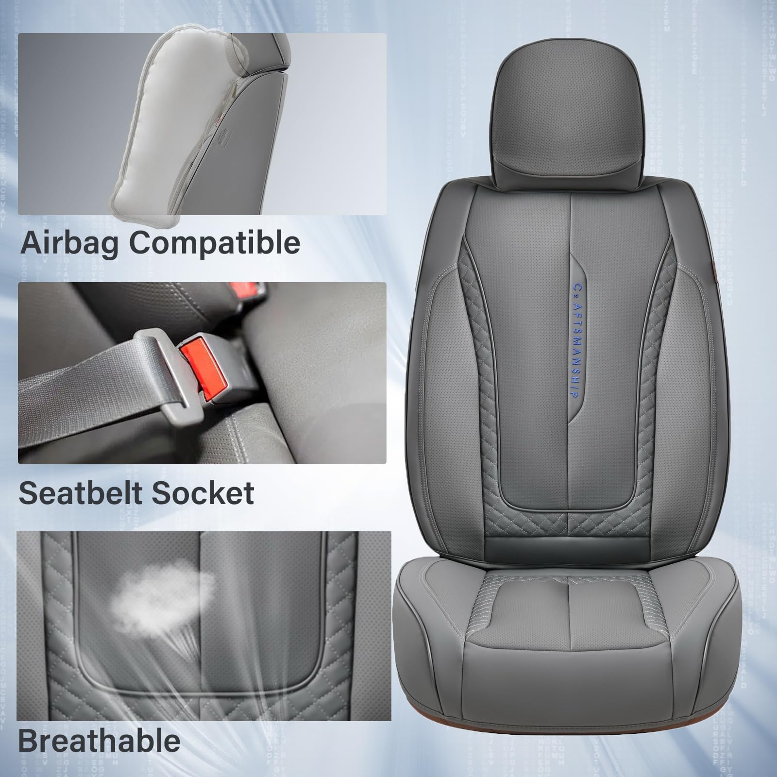Coverado Car Seat Cover Full Set, Nappa Leather, Waterproof, Gray, Model SCU005, Universal Fit for Most Cars