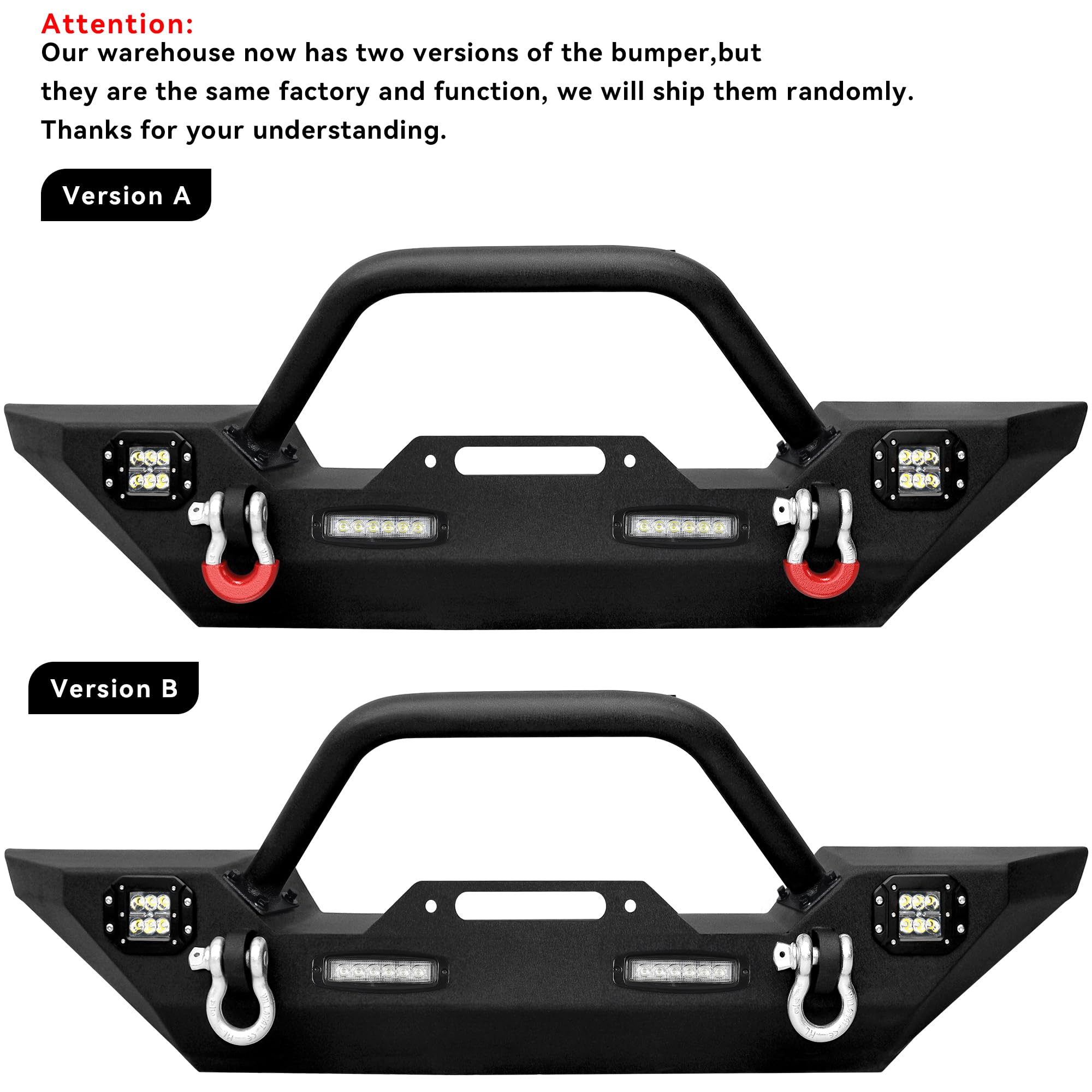 LEDKINGDOMUS Front Bumper for 07-18 Jeep Wrangler JK, Black, with 4X LED Lights, Winch Plate, D-rings, Length 61.54"