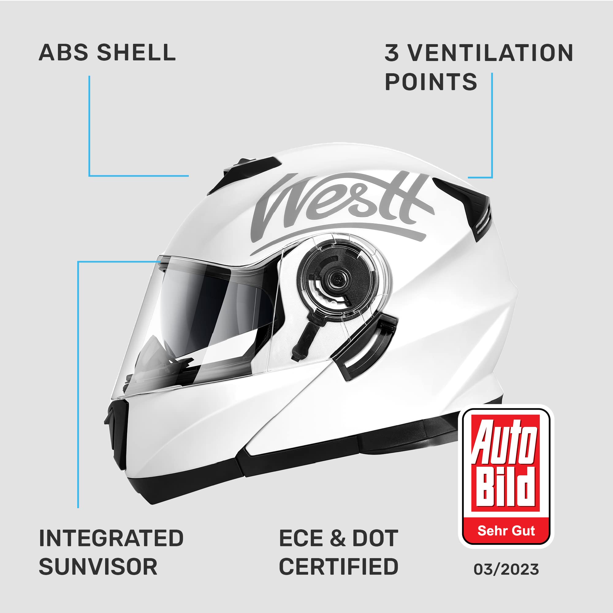 Westt Modular Motorcycle Helmet - Full Face, DOT Approved, M (22.44-22.83 in), White, Model W-203, Dual Visor for Men and Women
