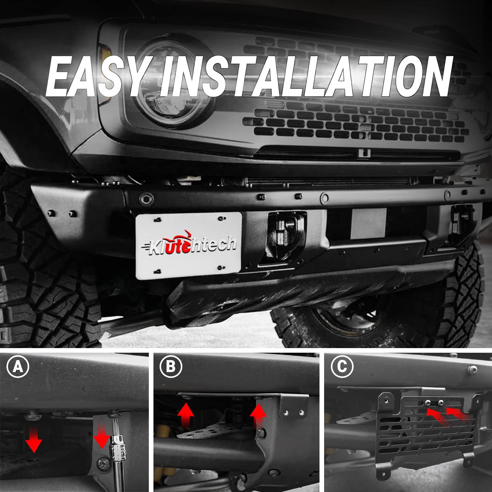 Klutchtech Bronco License Plate Holder 2021-2024, Durable Carbon Steel Frame for Modular Steel Bumper, Compatible with 6th Gen Bronco Accessories