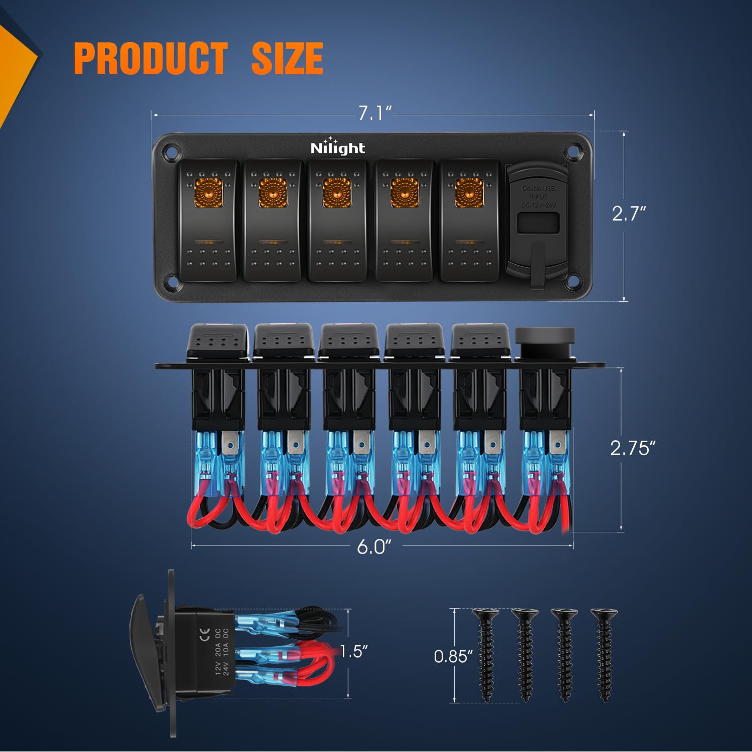 Nilight 5 Gang Rocker Switch Panel With Pd Type C And Usb Charger Voltmeter 12V Spst On Off Toggle Switches W/Orange Backlit Wat