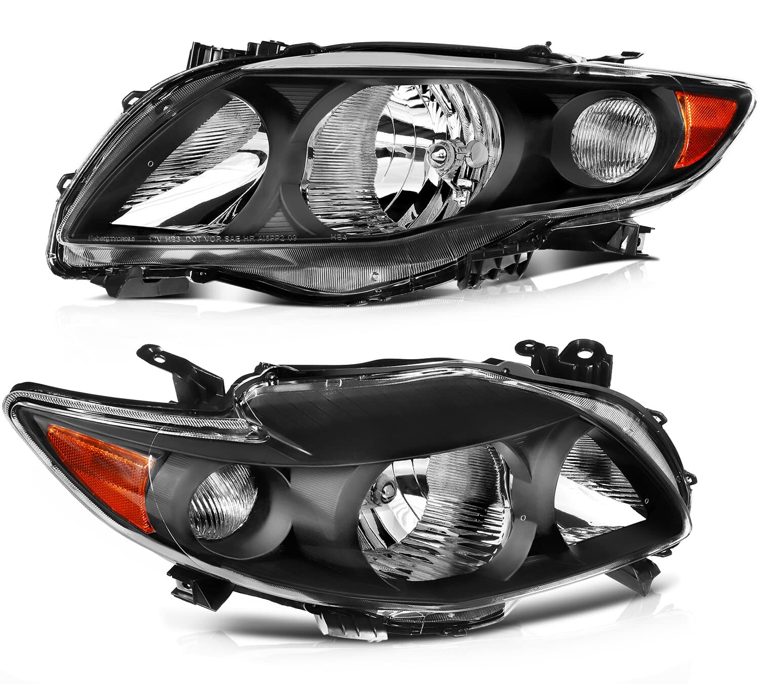 LSAILON Headlight Assembly Replacement Fit For Toyota Corolla 2009-2010 Black Housing Amber Reflector Clear Lens Driver and Pass