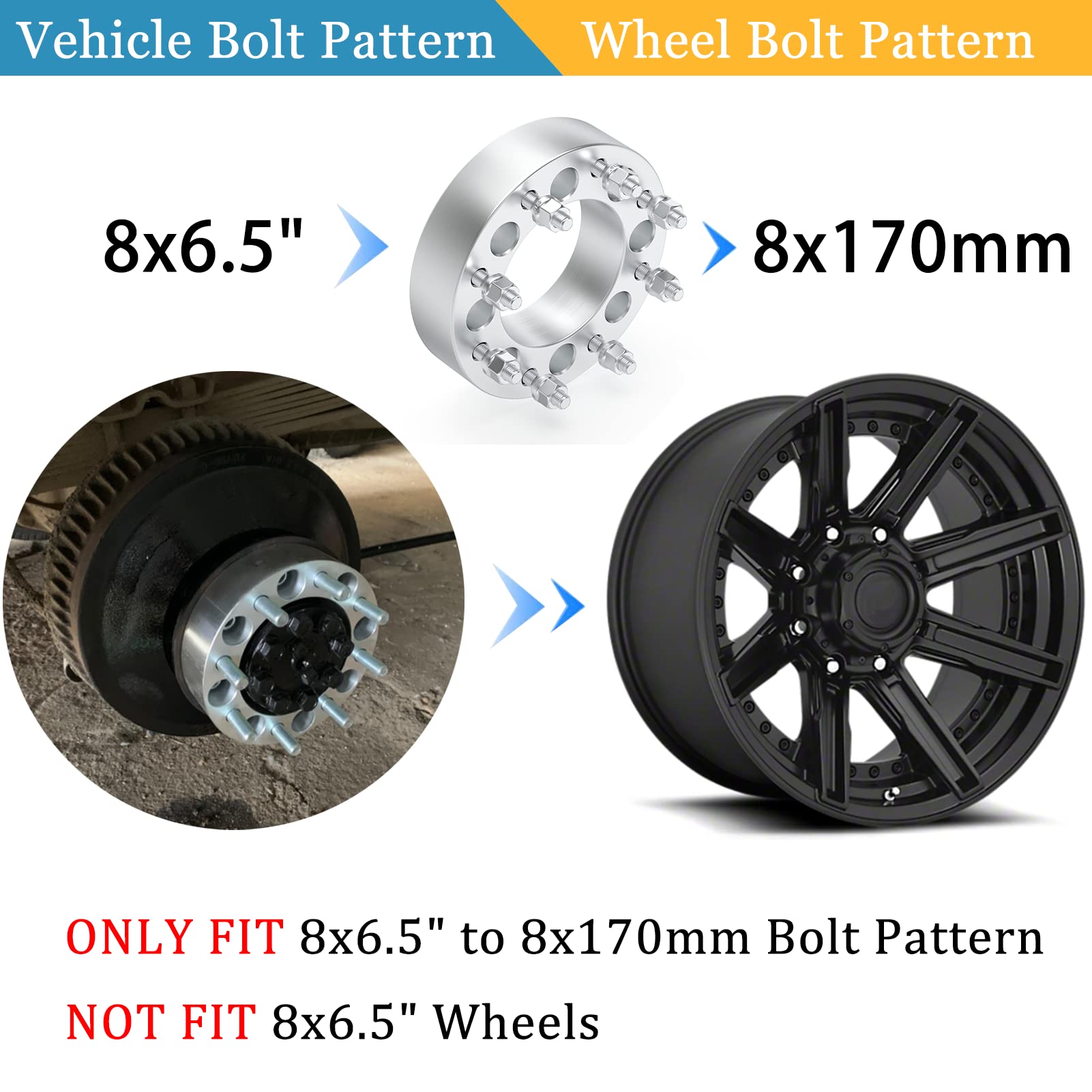 HHCSOP 8x6.5 to 8x170 Wheel Spacers, 2" (50mm), Aluminum, Silver, Fits Ford F250/F350, Dodge Ram 250