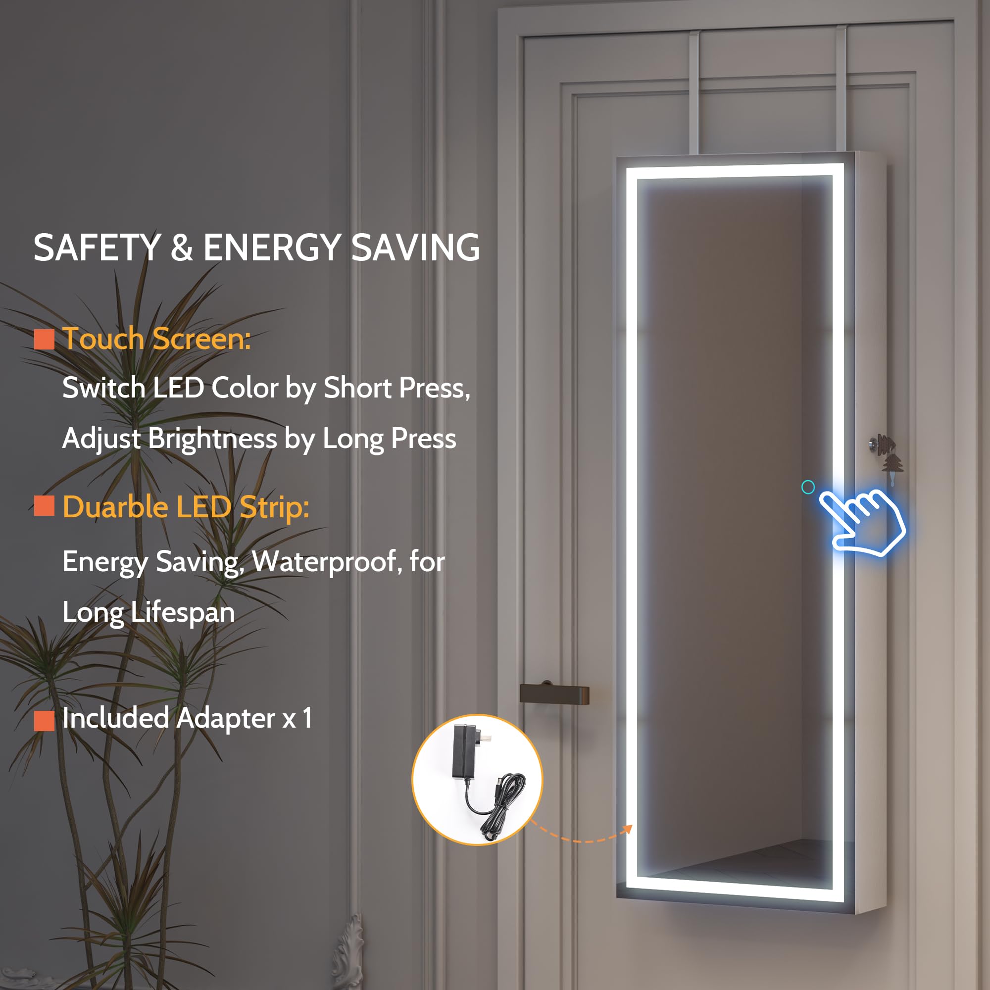 LVSOMT LED Mirror Jewelry Cabinet - Wall/Door Mount Organizer, Full Length, White, Model 6202-8, Wood Material