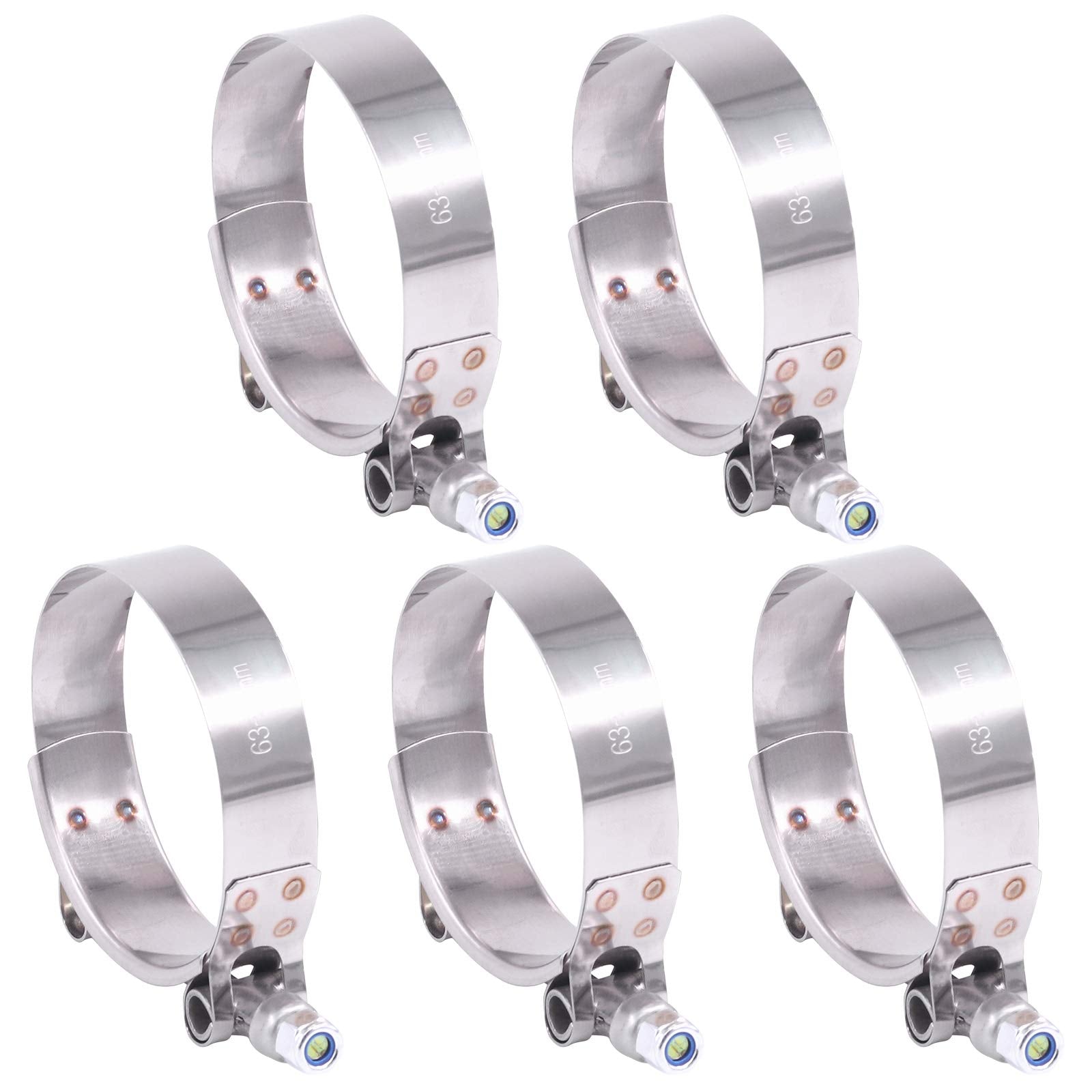 Hilitchi 5Pcs Stainless Steel T-Bolt Clamps With Rounded Band Edges Heavy Duty Turbo Intake Intercooler Clamp (63-71Mm) For 2 1/