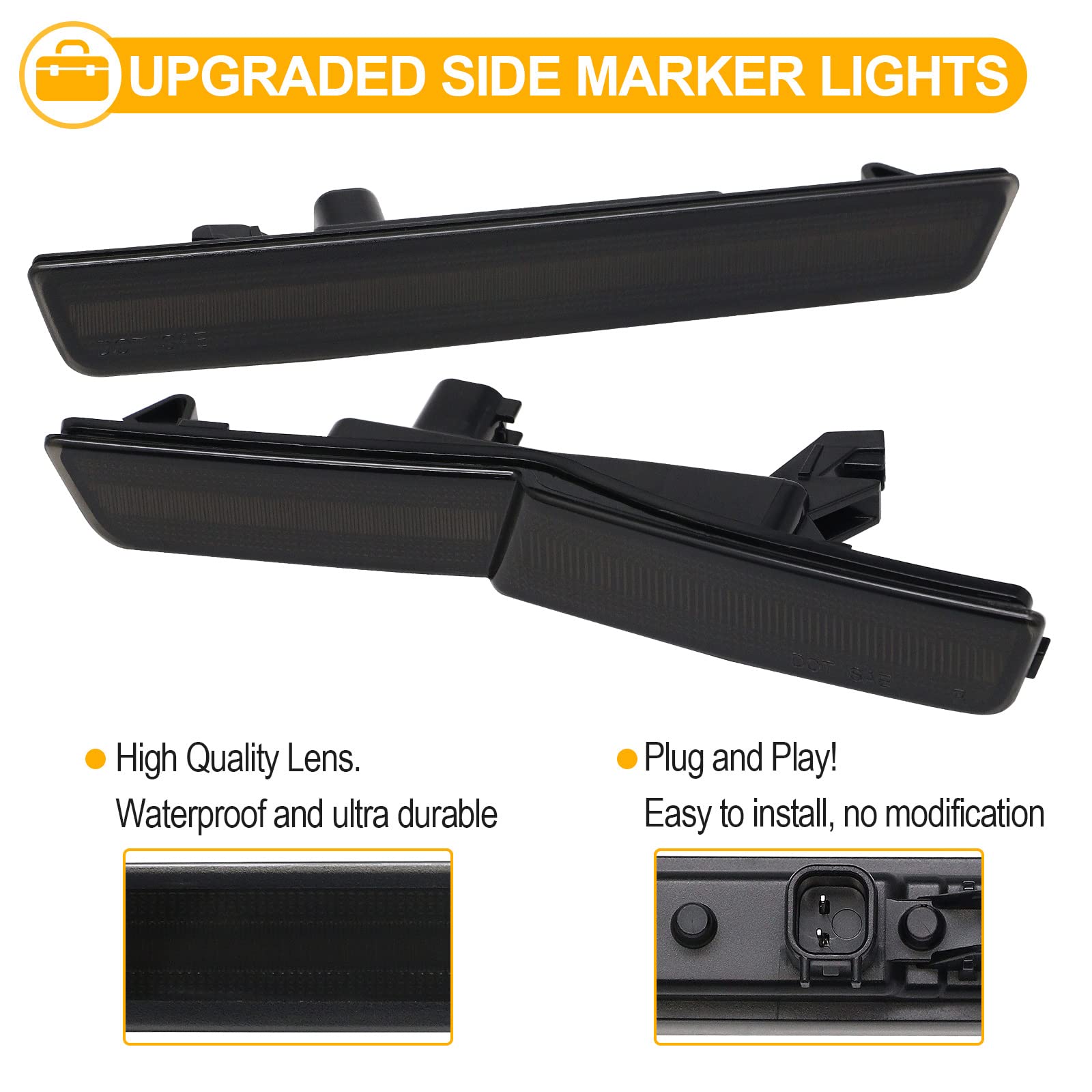 R&F Auto LED Side Marker Lights for 2018-2023 Challenger SRT Hellcat, R/T Scat Pack, Smoked Lens, Plastic, 4 PCS