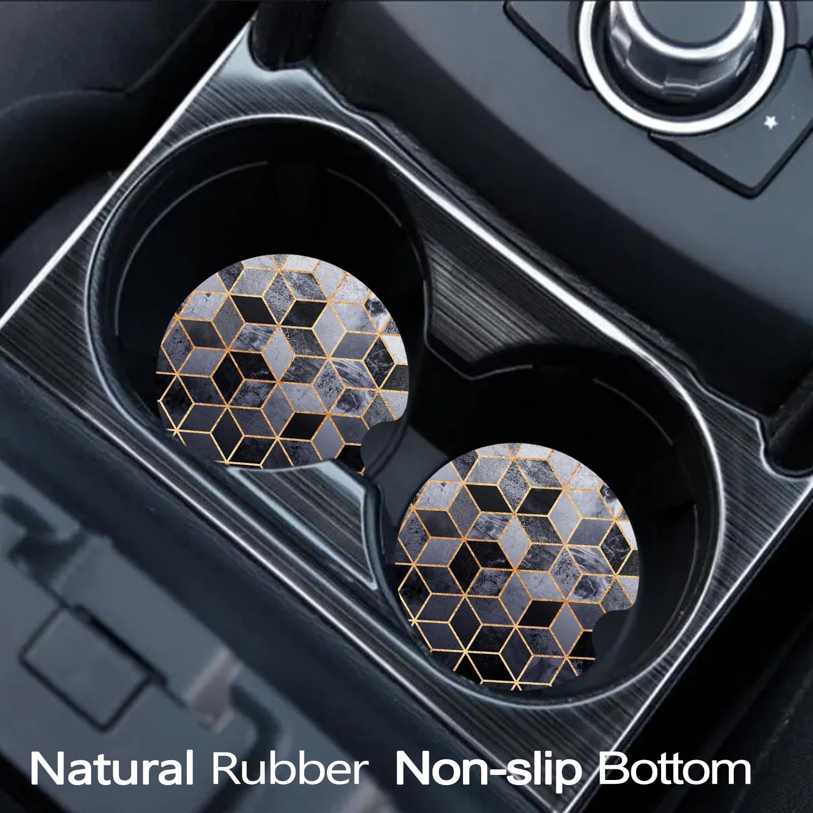 FJyuanqi Car Coasters for Cup Holders, 2 Pack Anti Slip Universal Rubber Cup Coaster - Geometric Black Gold Marble