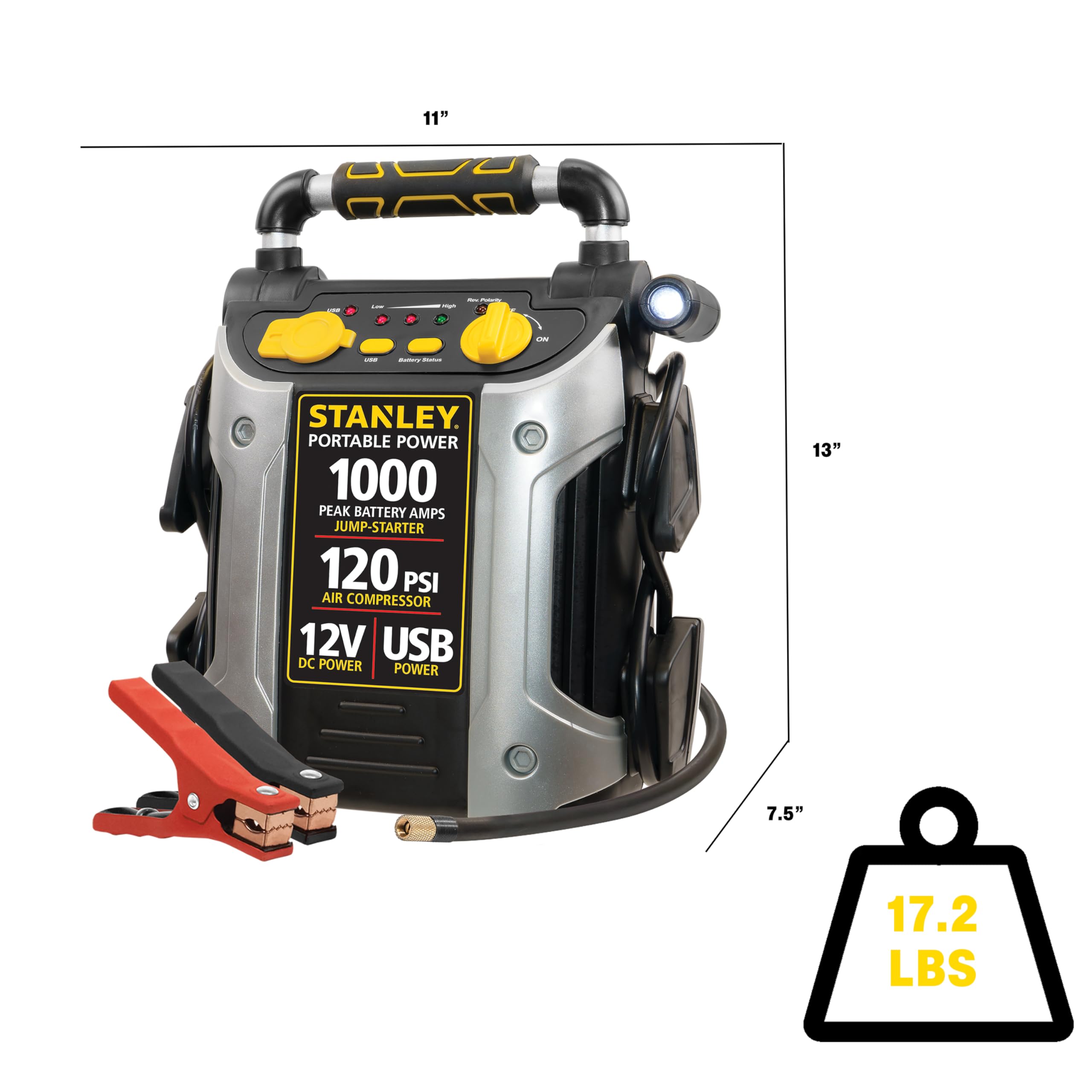 STANLEY J5C09 Portable Power Station Jump Starter, 1000 Peak Amps, 120 PSI Air Compressor, Silver, Metal