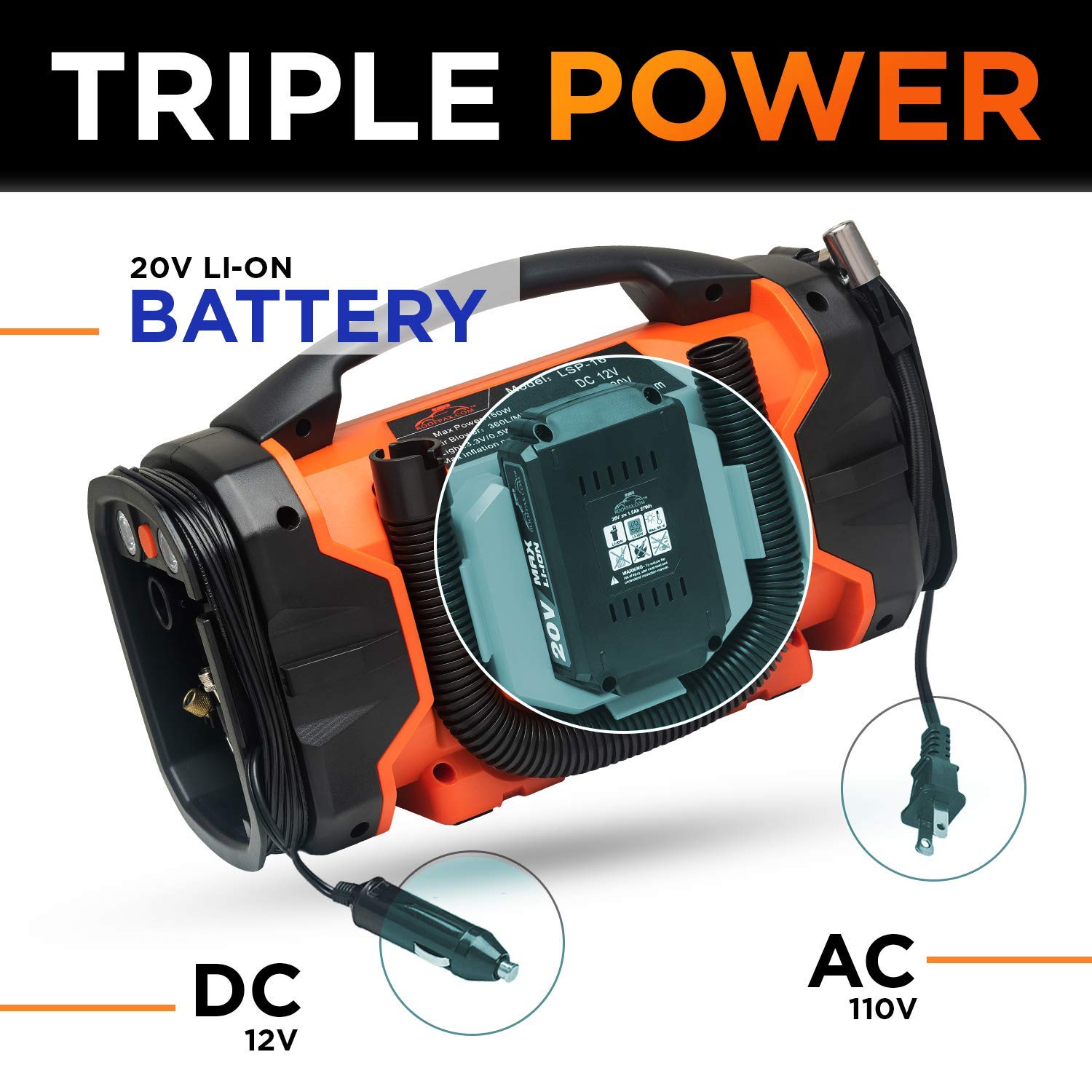 RoofPax Tire Inflator Portable Air Compressor 160 PSI 12V/110V, Heavy Duty, Digital Pressure Gauge, Orange, Model TB-V3SL-VOHB