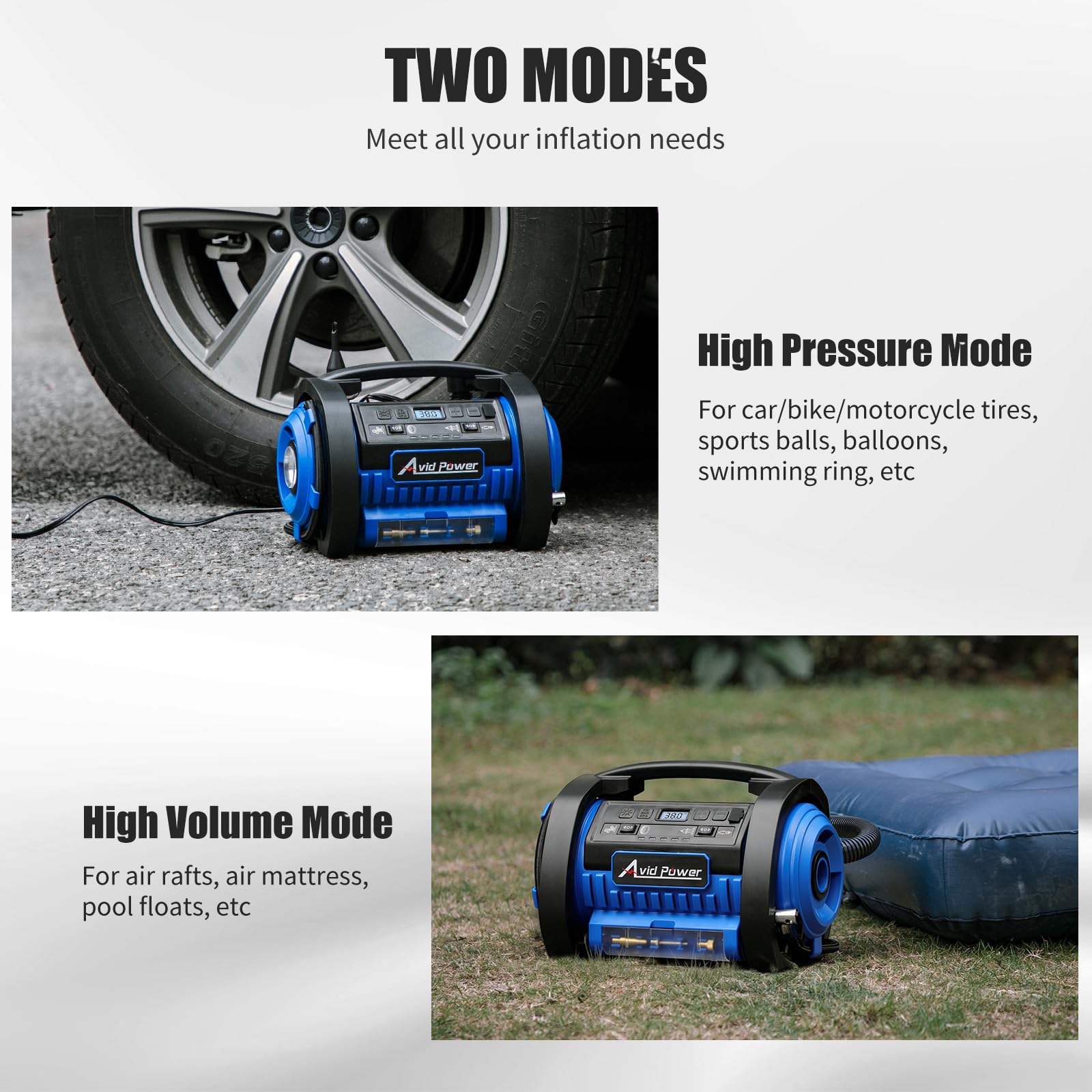 AVID POWER Portable Tire Inflator Air Compressor, 12V DC/120V AC, Dual Motors, Digital Gauge, Model ACAP322B, Blue