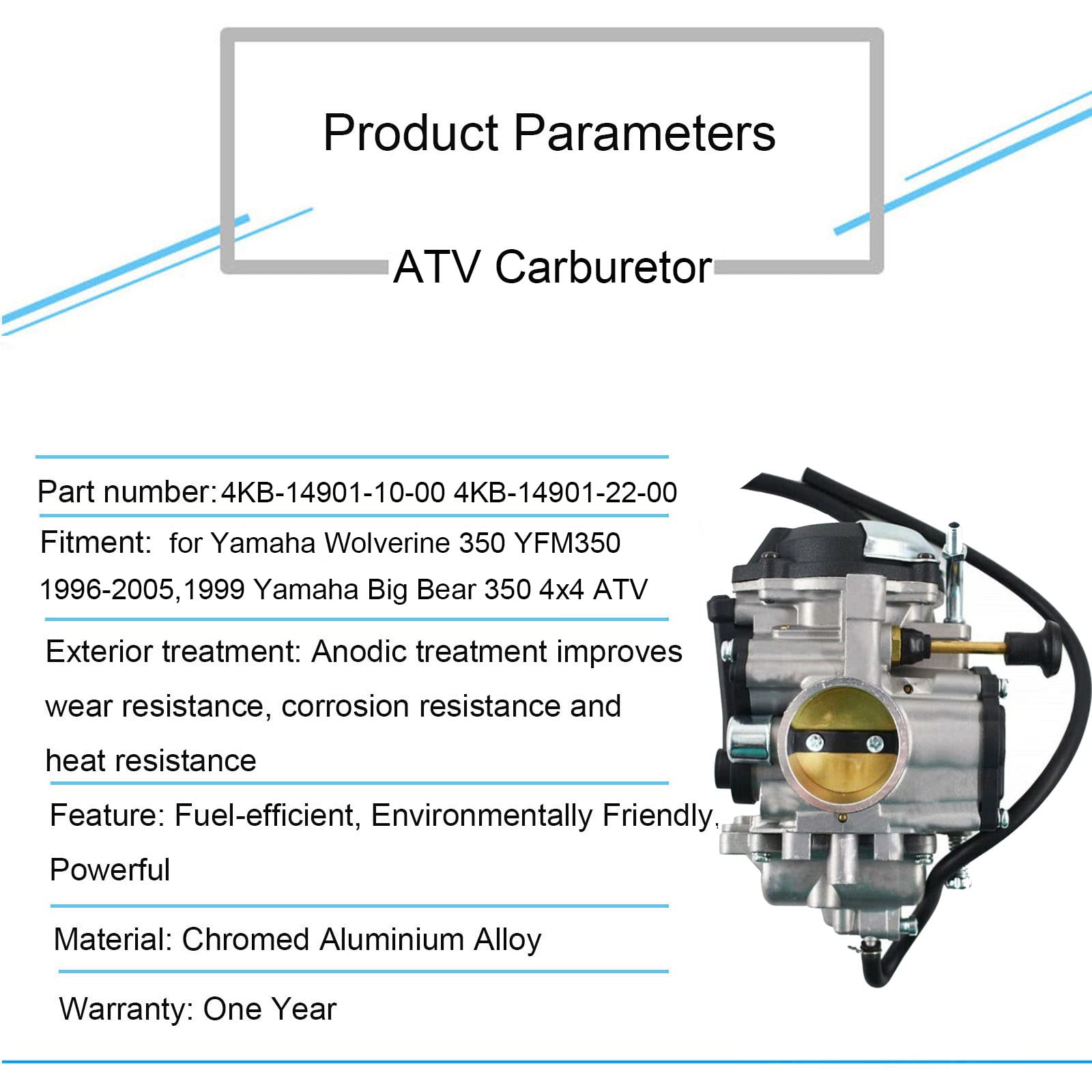Carburetor Replacement for Yamaha Wolverine 350 YFM350FX YFM350 FX 4X4 1996-2005 & 1999 Yamaha Big Bear 350 YFM350 4x4 ATV4KB-14