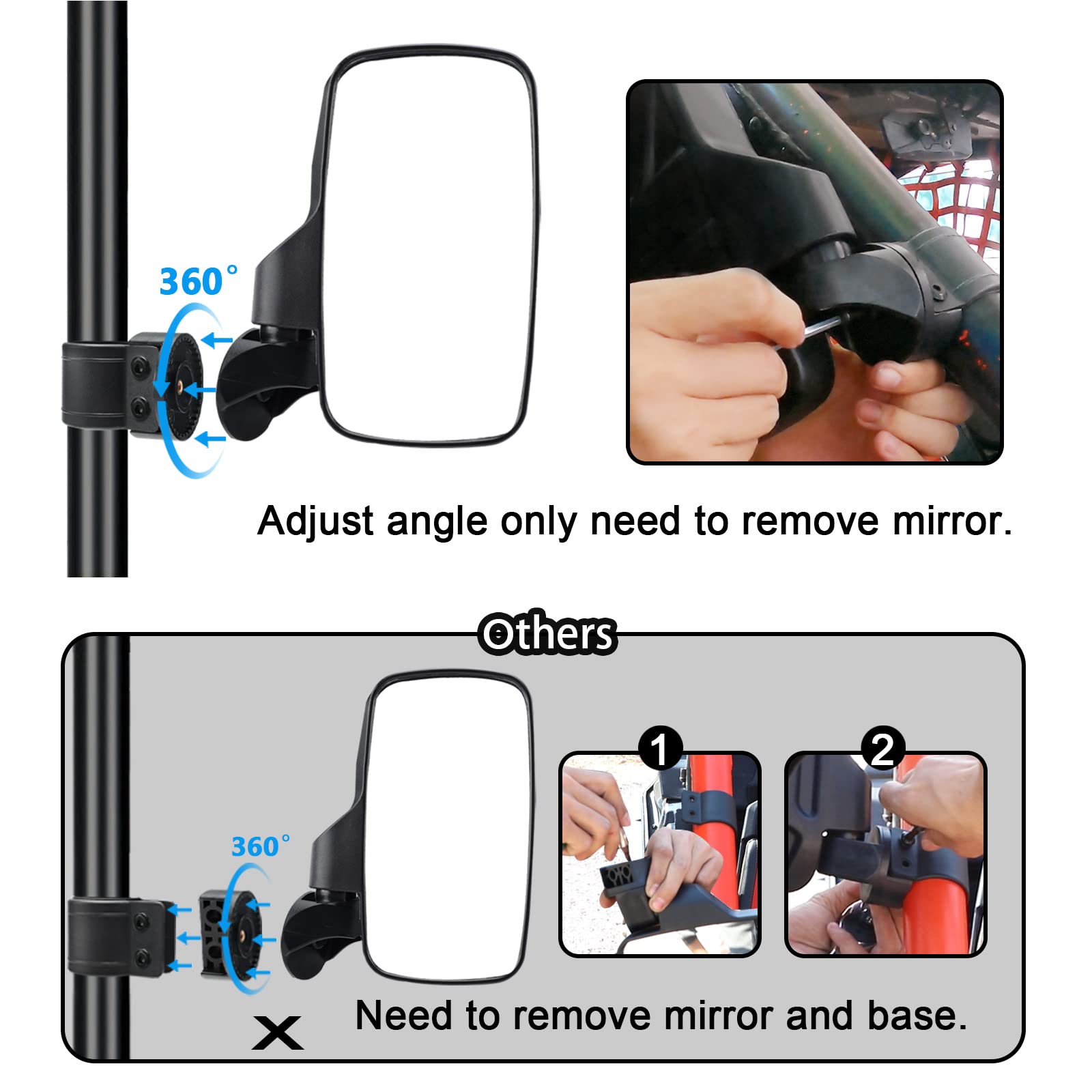BETOOLL UTV Side View Mirrors Set - Adjustable 1.75"/2" Roll Bar, High Impact ABS, Black, Model HW8039, Pack of 2
