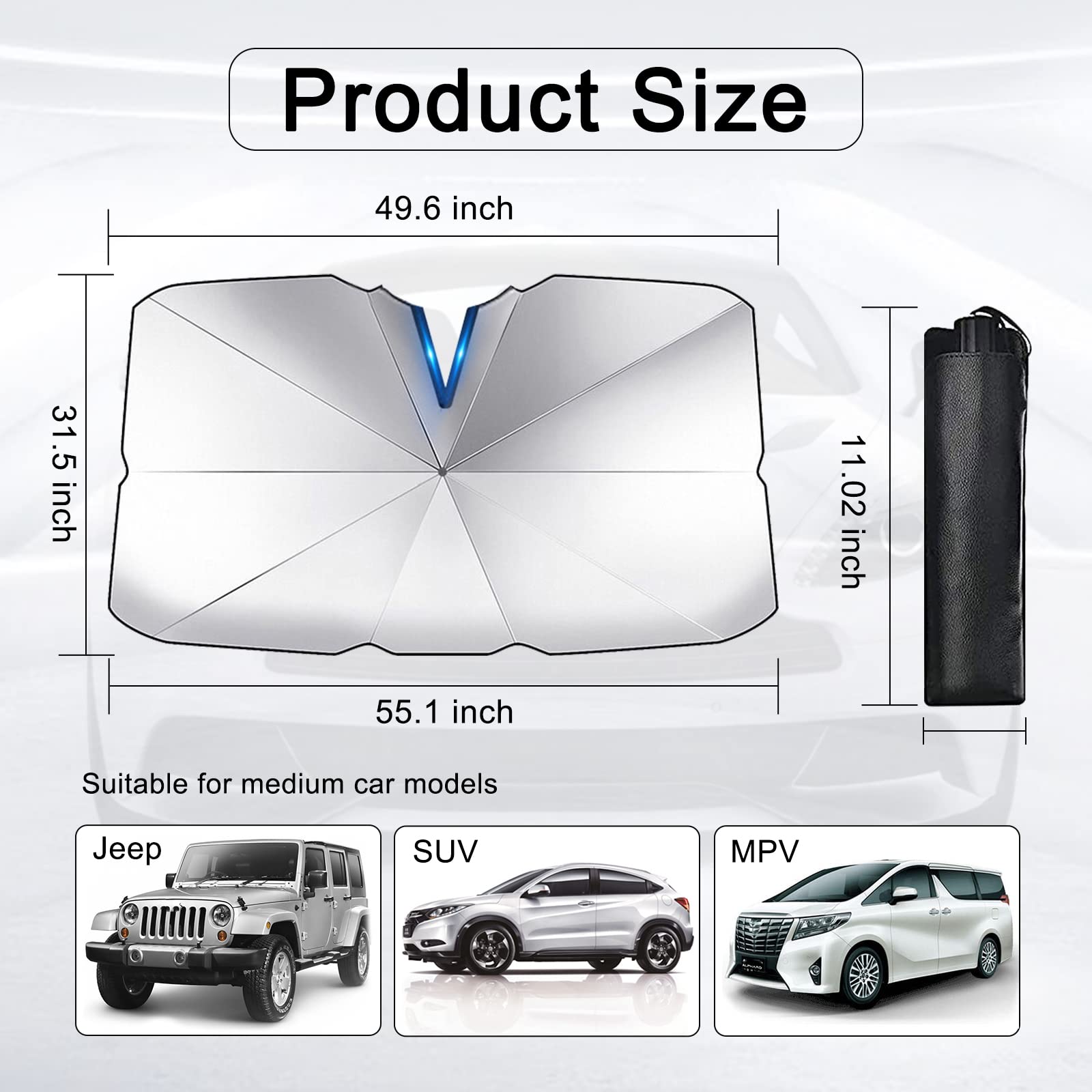 Yonwait Car Windshield Sun Shade Umbrella 51'X 28', Protect Car From Sun Rays Damage Umbrella Sun Shade For Most Of Car Suv Truck, Car Foldable Sun Shield Shade (Silver #2)