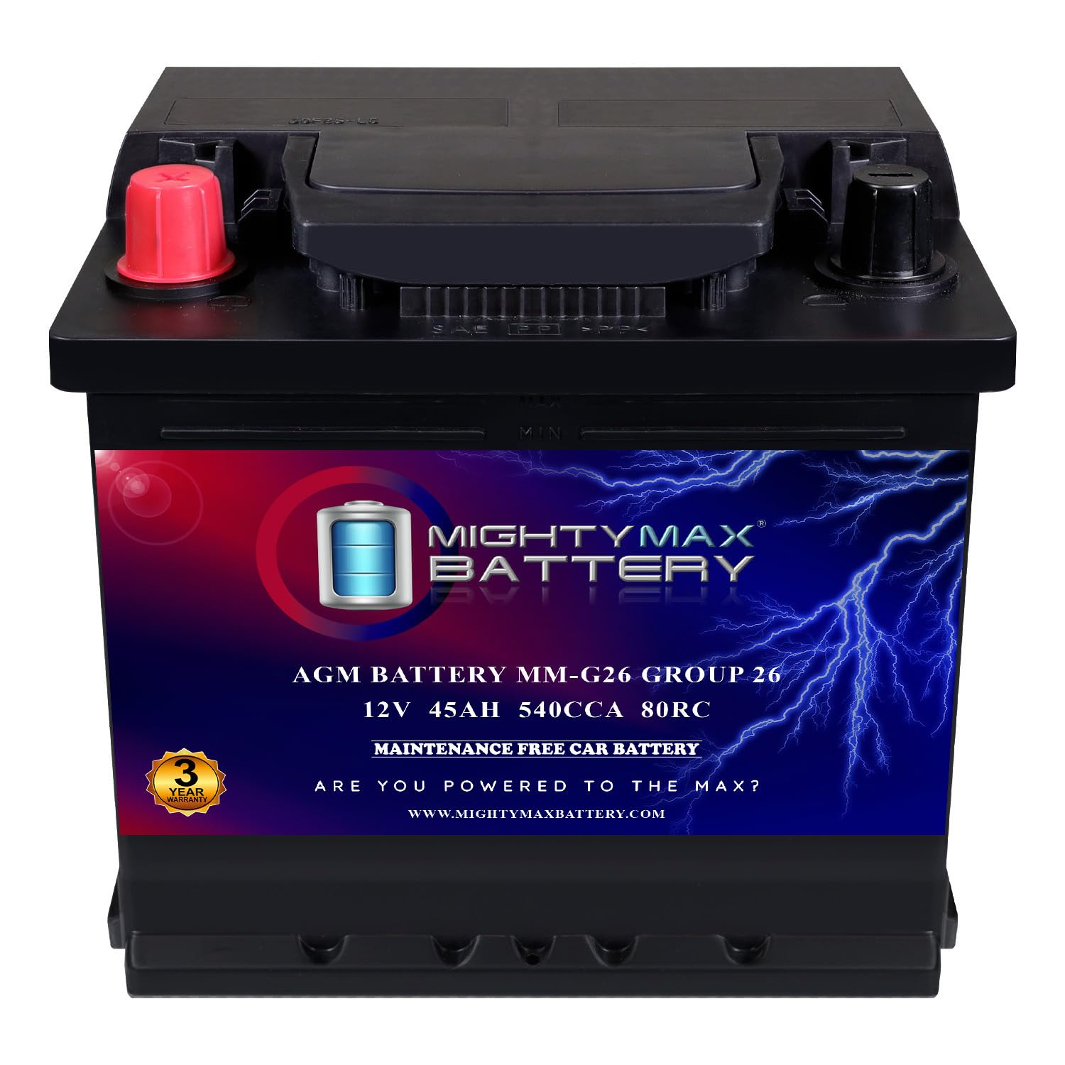 Mighty Max Battery MM-G26 BCI Group 26 12V 45AH, 80RC, 540 CCA, Rechargeable SLA AGM Battery