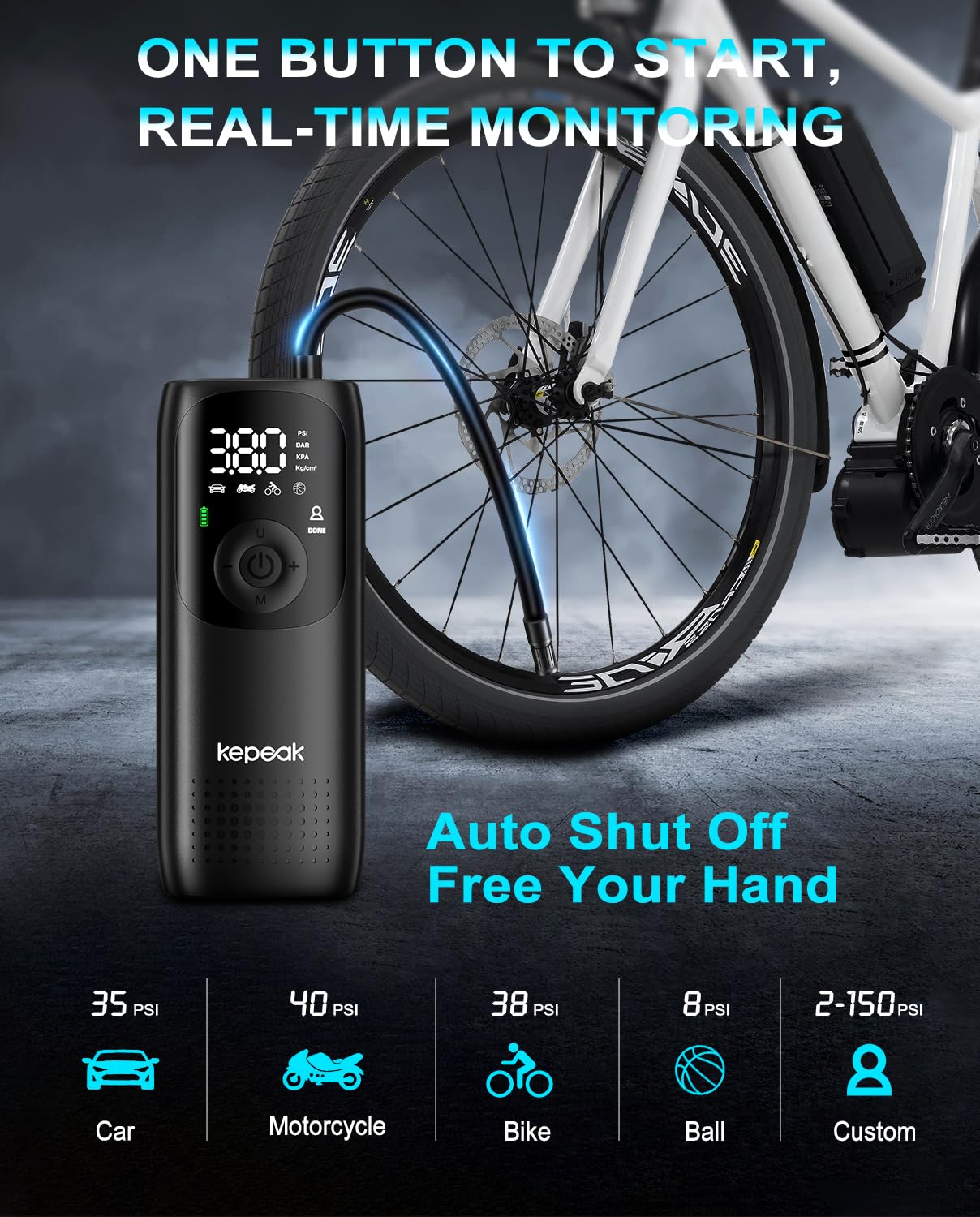 Tire Inflator Portable Air Compressor - Bike Tire Pump, 150PSI Cordless Air Pumps for Car Tires, Auto Off, Electric Tire Pump fo