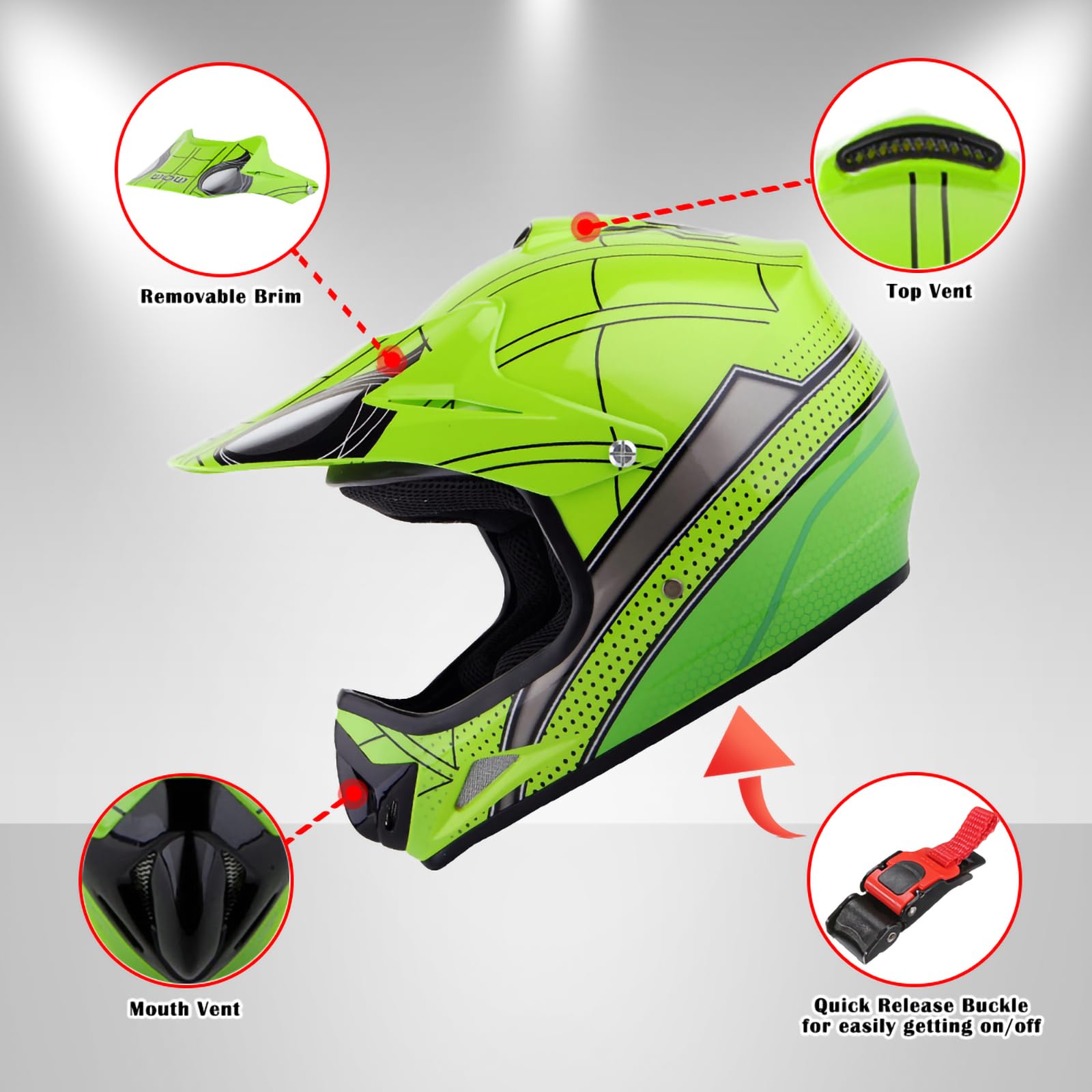 WOW Youth Motocross Helmet Bundle - Spider Green, Medium, Thermoplastic, Includes Goggles & Gloves