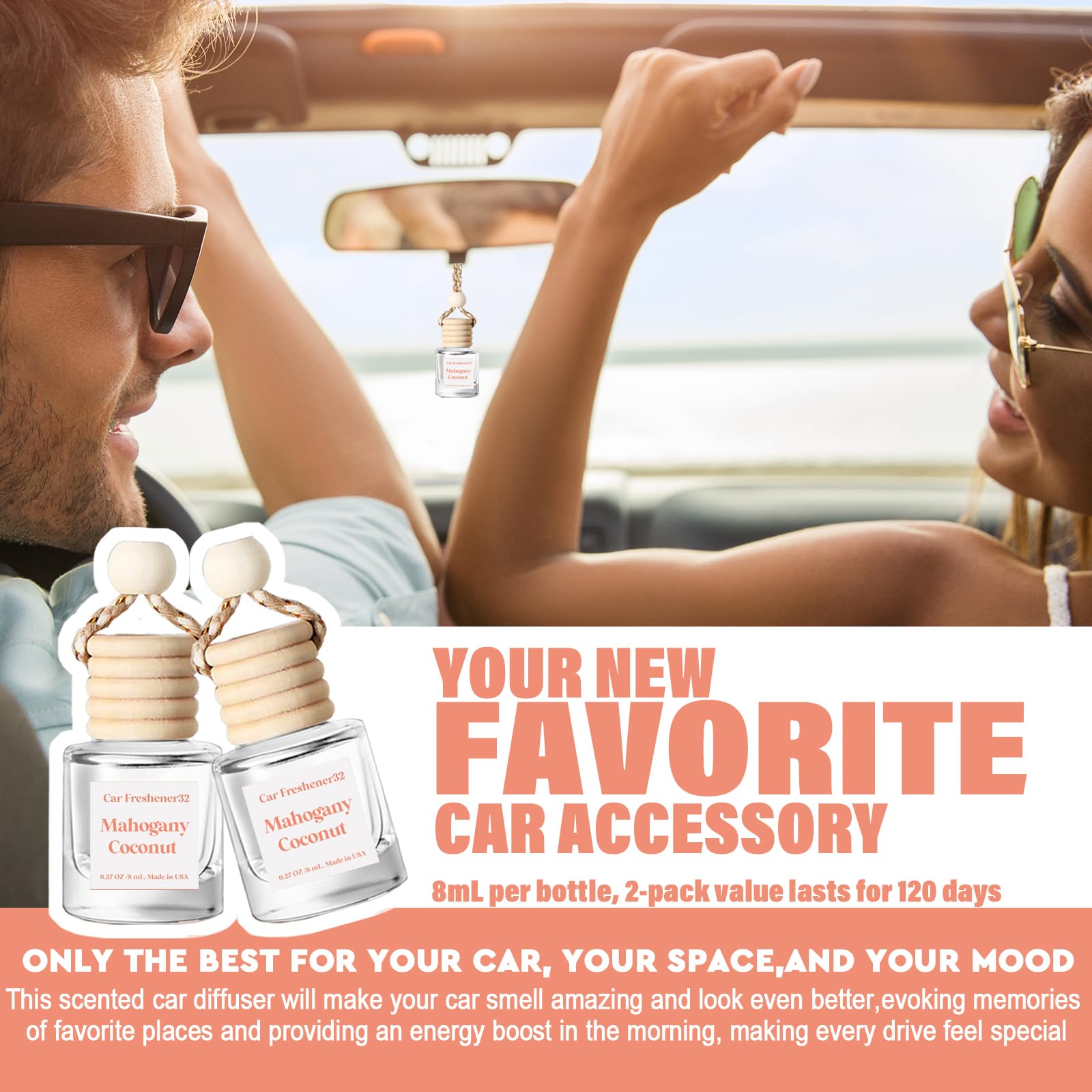 Car Air Freshener Hanging, Essential Oil Diffuser For Car, Mahogany Coconut Car Air Freshener Cute, Long Lasting Air Freshener,