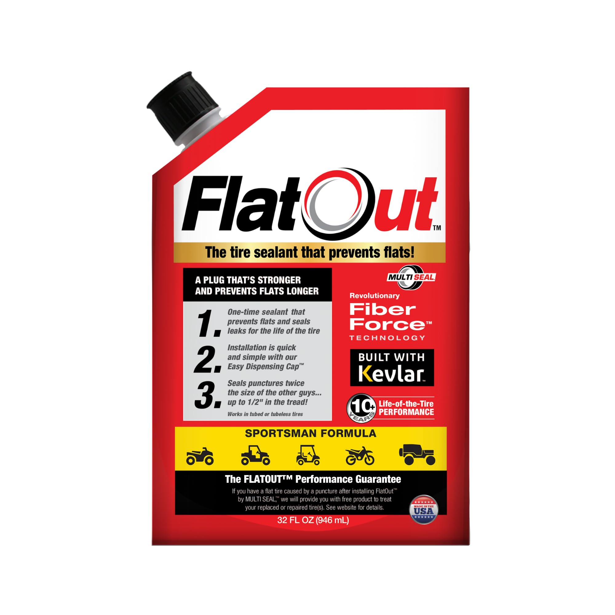 FlatOut Tire Sealant Sportsman Formula - 32-Ounce Bottle, Prevents Flat Tires, Seals Leaks, Contains Kevlar, 1-Pack