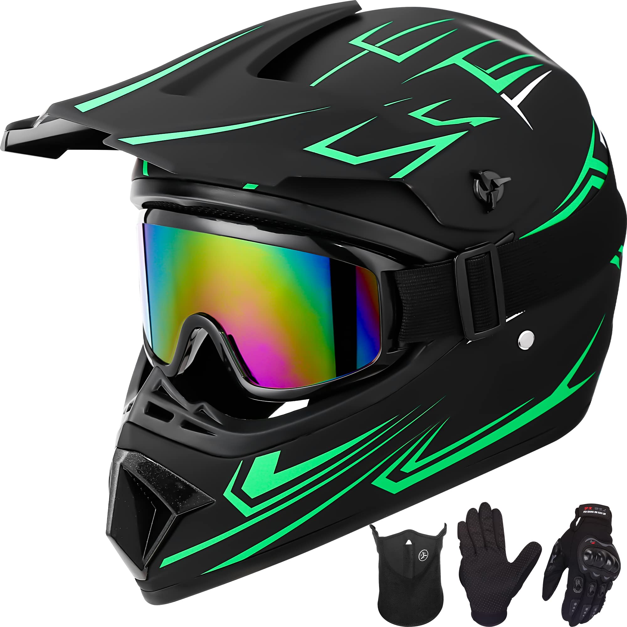 Yesmotor Youth Kids Motocross Helmet Full Face DOT Approved Green Medium with Gloves, Goggles, Mask - Durable ABS Material for ATV BMX MX