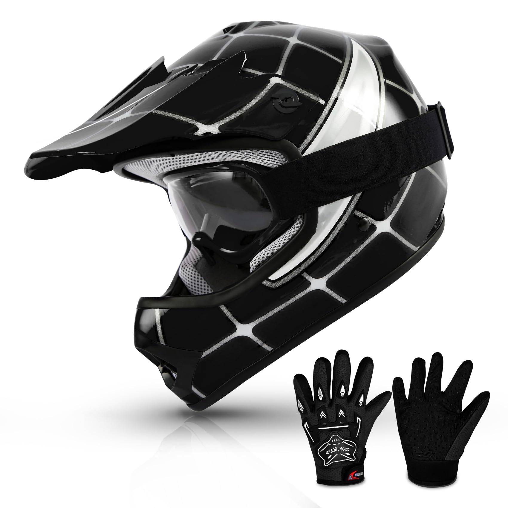 TCMT Dot Youth Kids Motocross Helmet, Dirt Bike ATV Helmet + Goggles + Gloves L - Black Spider