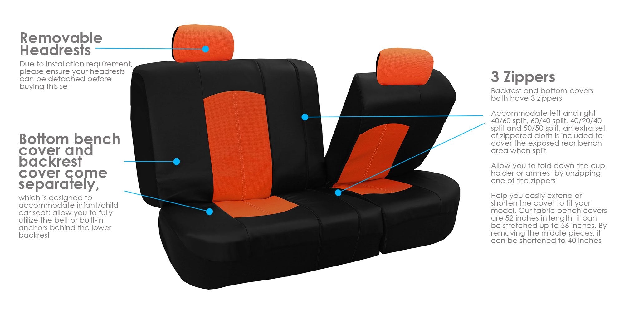 FH Group Automotive Seat Cover Highest Grade Faux Leather Orange Black Full Set, Combo Car Seat Cover Design Airbag Compatible S