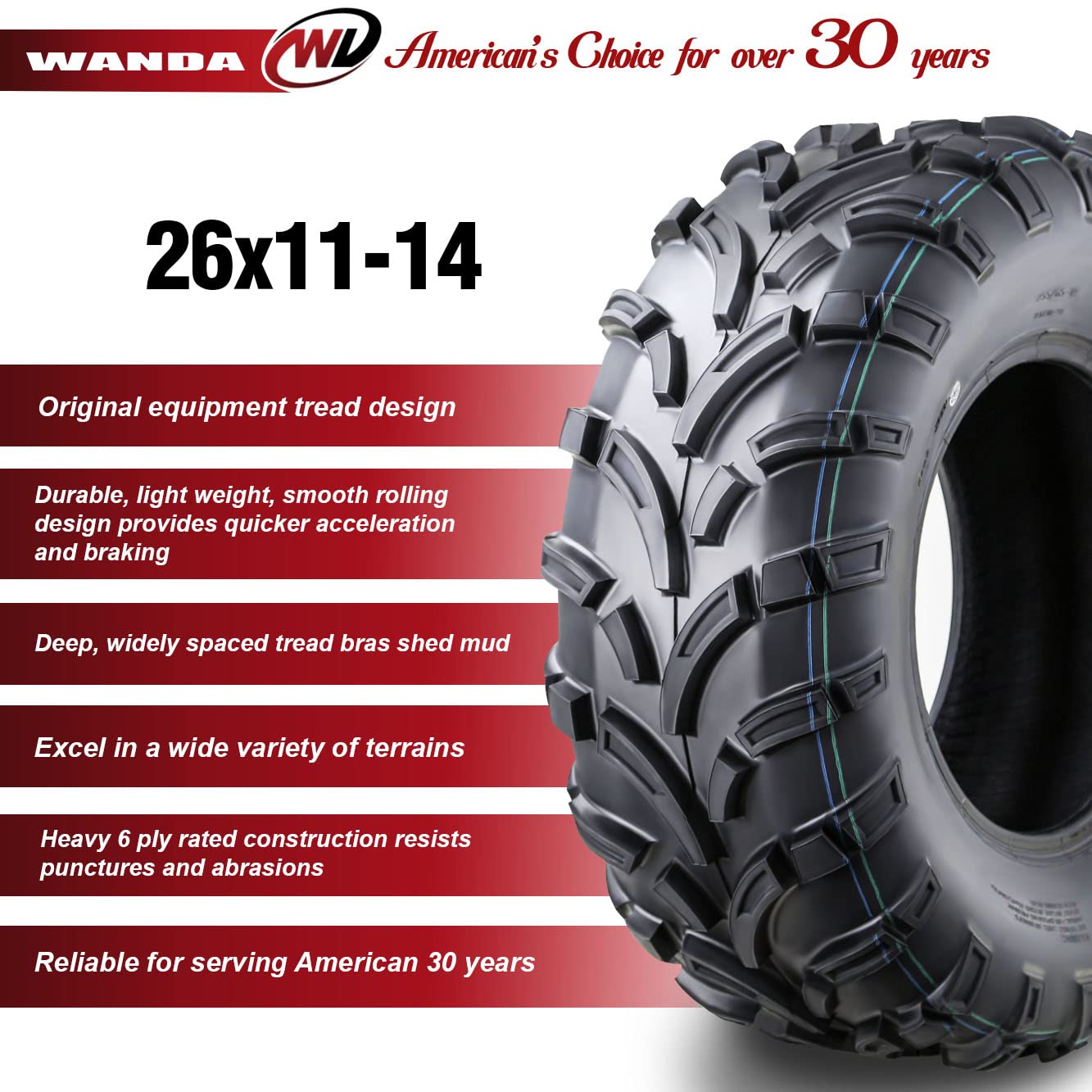 Set Of 2 Wanda Atv Utv Tires 26X11-14 26X11X14 6Pr Lit Mud …