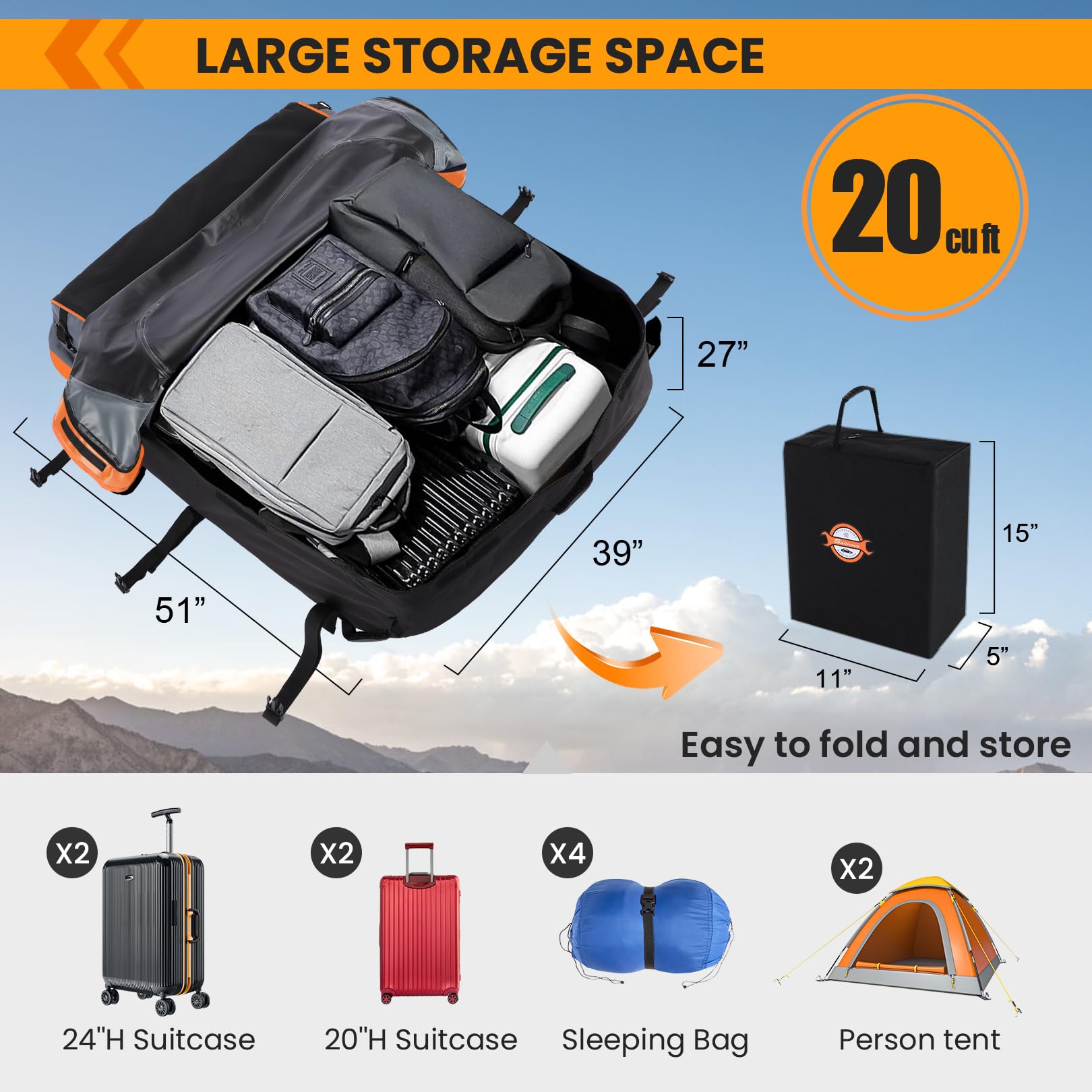 Sailnovo Rooftop Cargo Carrier Bag, Waterproof, 20 Cubic Feet, Oxford Fabric, Includes Anti-Slip Mat & Door Hooks