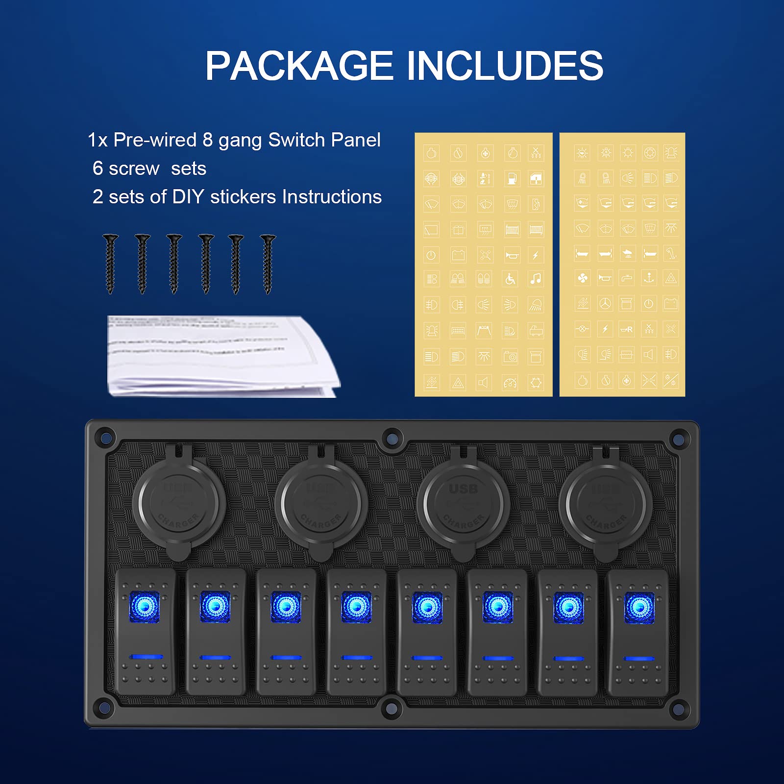 Marine Switch Panel,8 Gang Waterproof Rocker Switch Panel,Multi Function Dual USB Slot Socket with Digital Voltmeter,12-24V Pre-