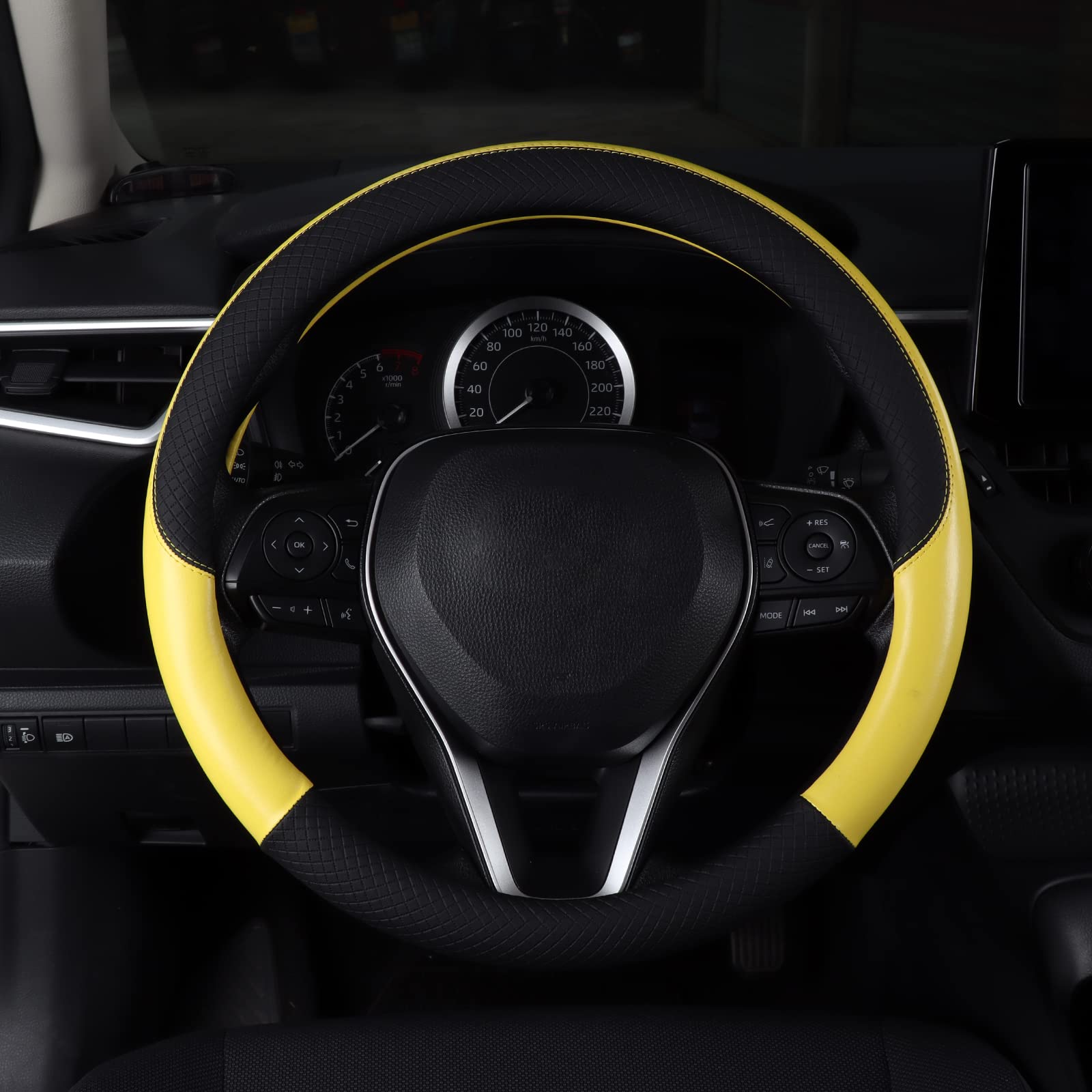 Follicomfy Auto Car Genuine Leather Steering Wheel Cover Anti Slip Wrap 15'' (Yellow)