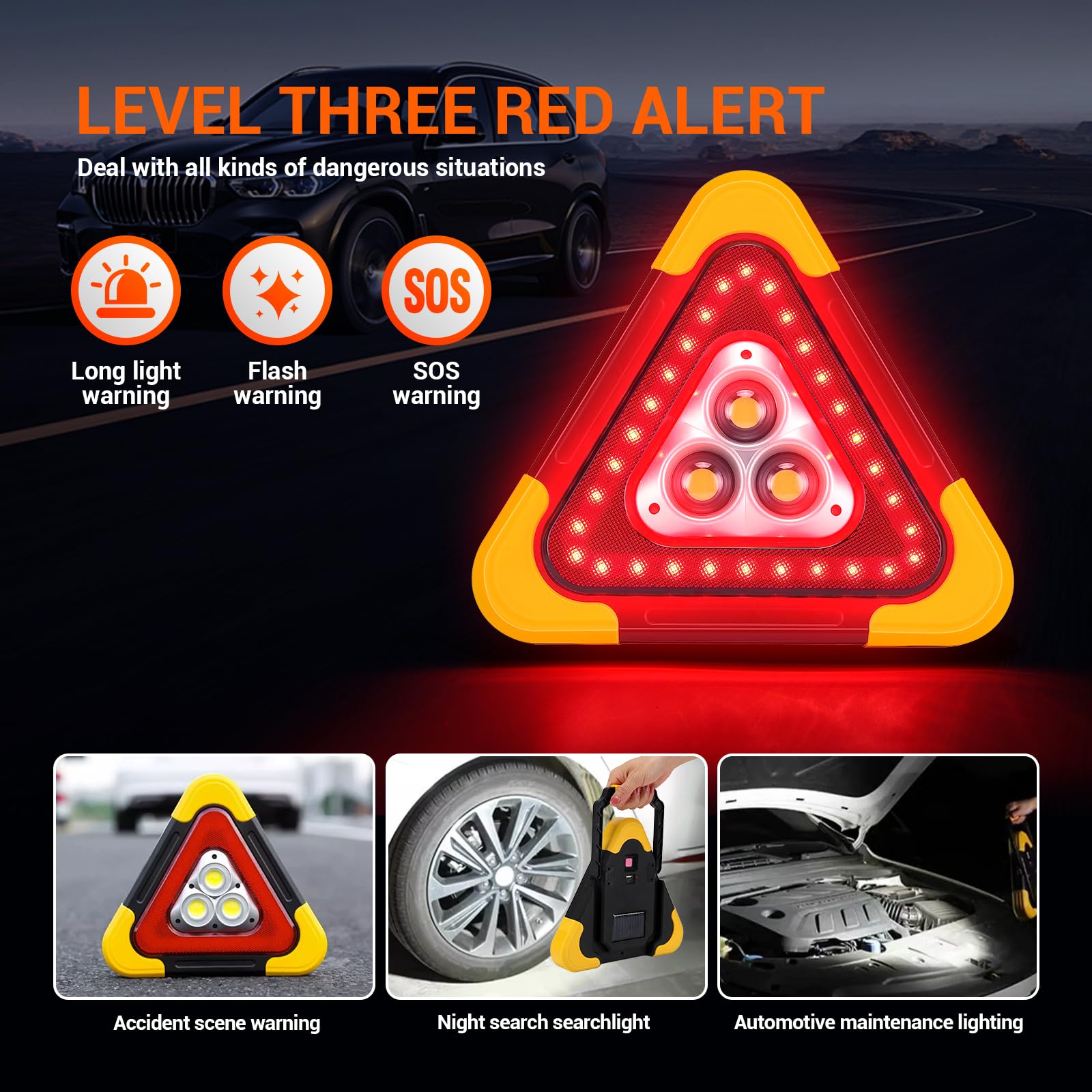 Kwak's Reflective Triangles for Vehicle Breakdowns - LED Solar Rechargeable Car Warning Triangles, Multifunctional Emergency Tri