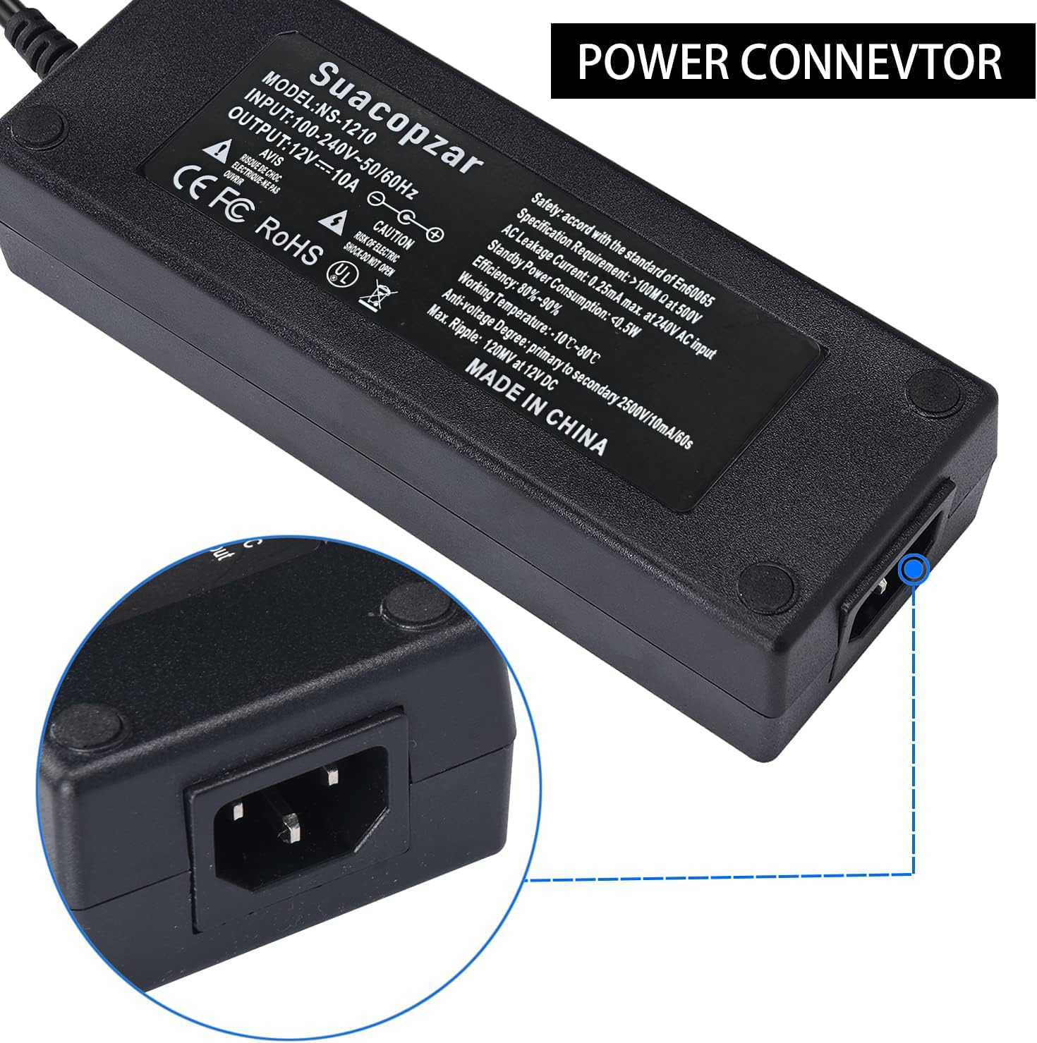 Suacopzar 10Ft Ac To Dc Converter 110V To 12V 10A 120W Power Supply Car Cigarette Lighter Adapter To Wall Plug, 3 Pin Socket Ac