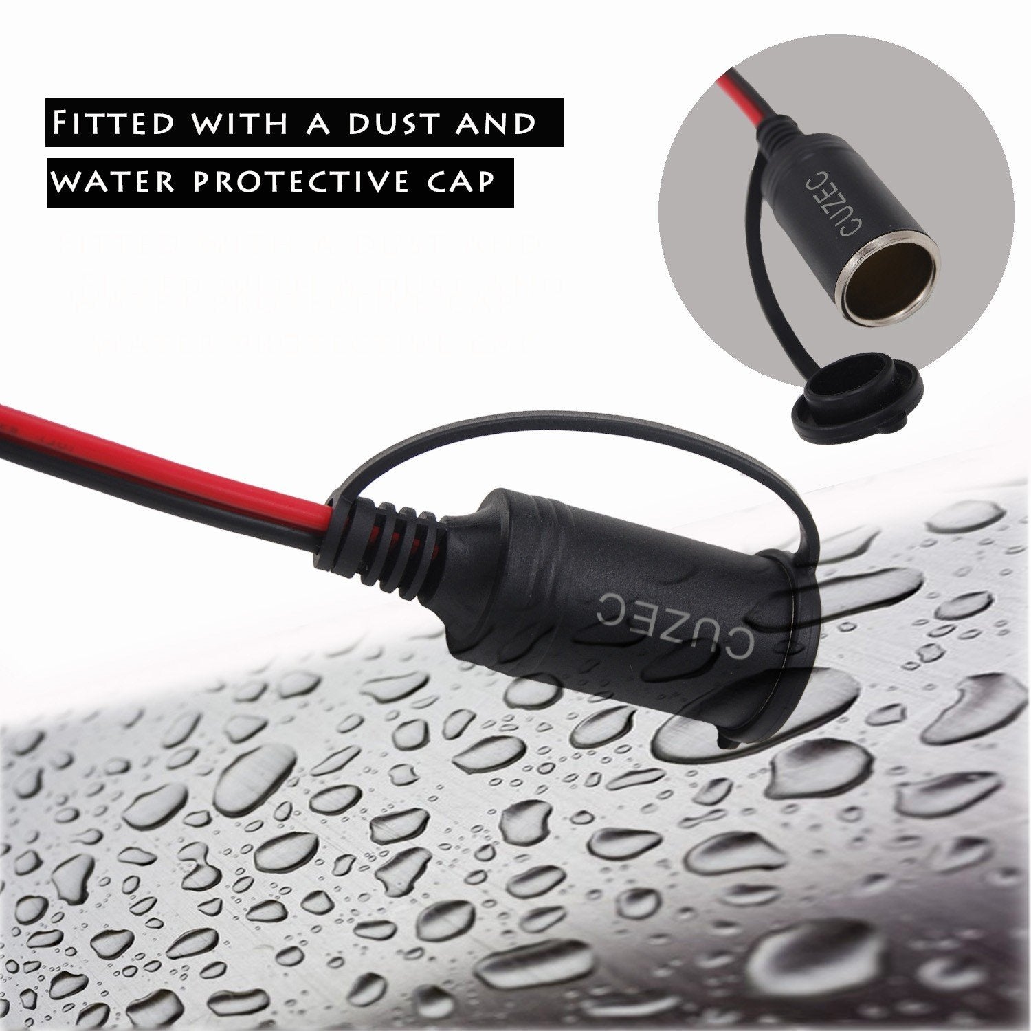Cuzec 12V/ 24V Extension Cord Plug Socket With Battery Clamp 4.9Ft / 1.5M 16 Awg Battery Clip-On And Cigarette Lighter Adapter