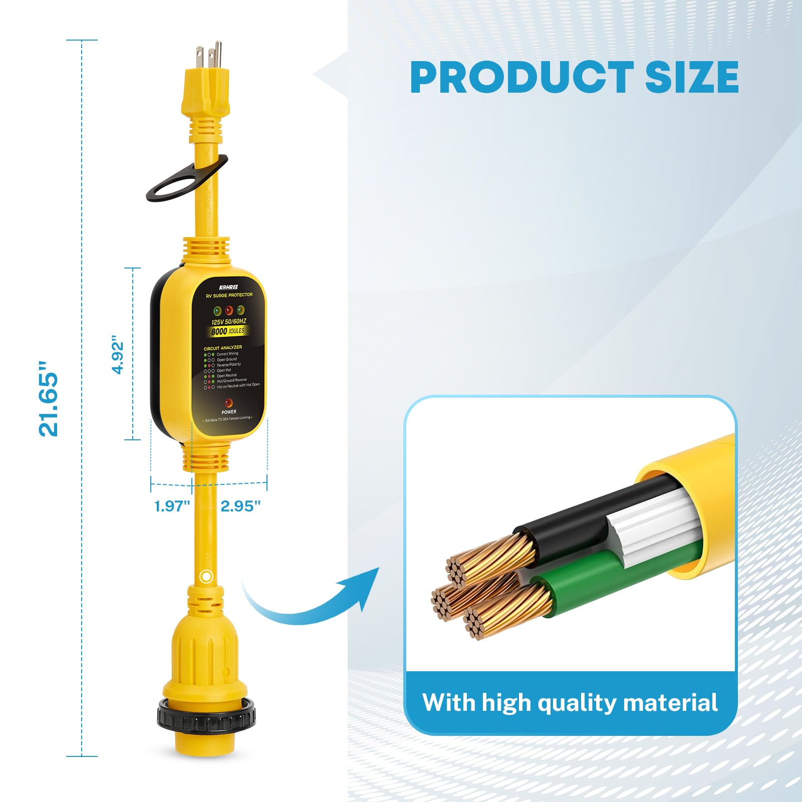 Kohree RV Power Adapter 30 Amp to 110V with Surge Protection, 21" Twist Lock, Model KR6443, Yellow, Circuit Analyzer with LED Indicators