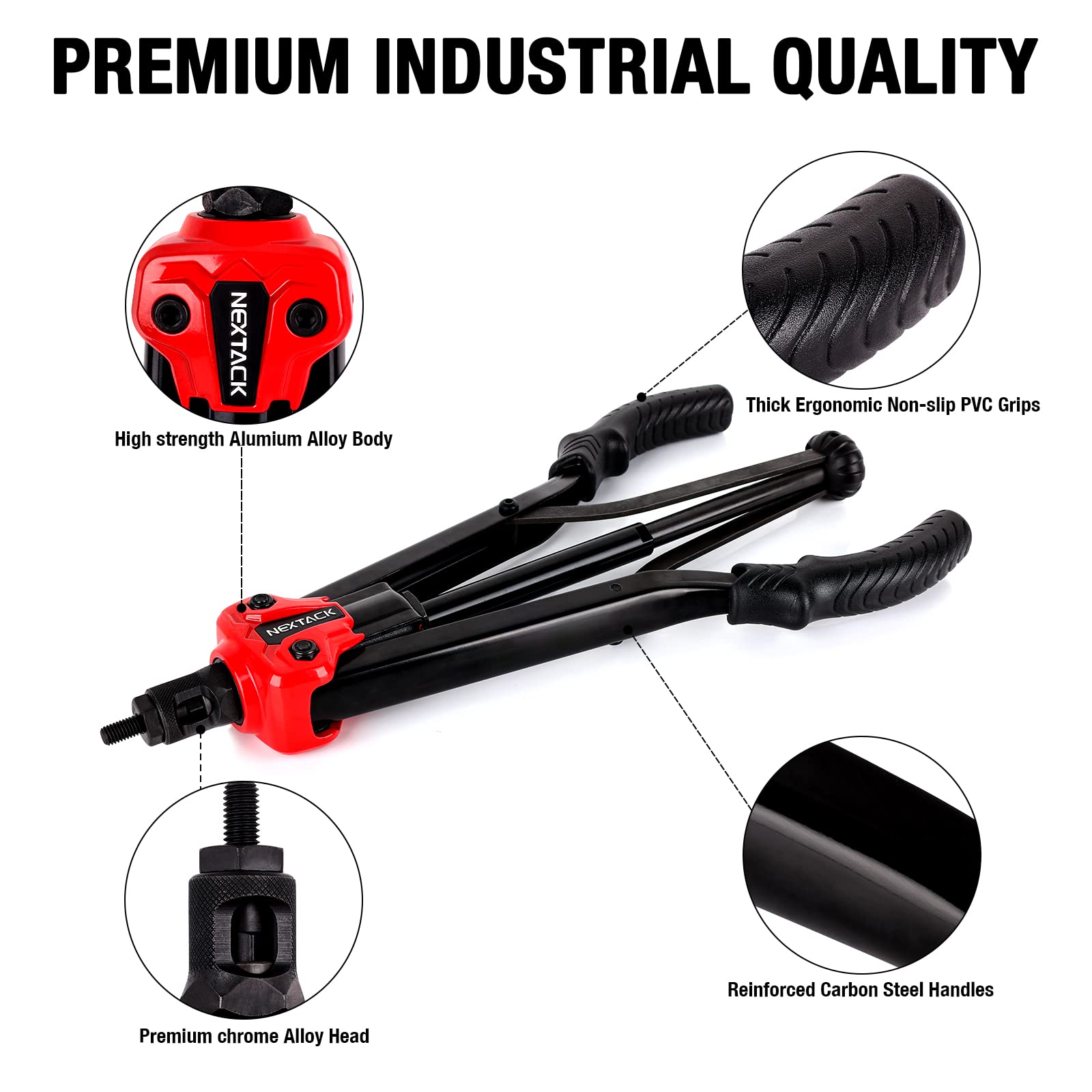 NEXTACK 16" Heavy Duty Rivet Nut Tool Kit - 105 Rivnuts, 12 Mandrels, Semi Auto Release, Red Black, Model NT800