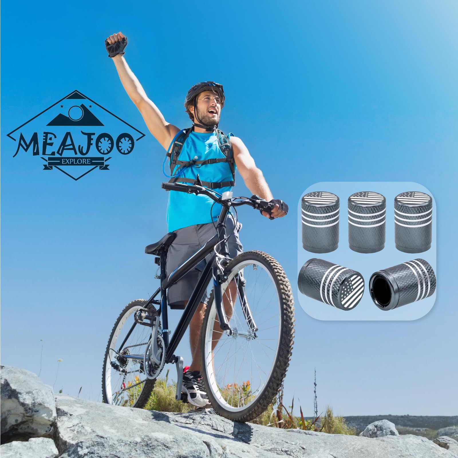 Meajoo 5Pcs Usa Flag Tire Valve Stem Caps, Aluminum Air Caps Cover, With Plastic Liner Corrosion Resistant Leak-Proof, Universal