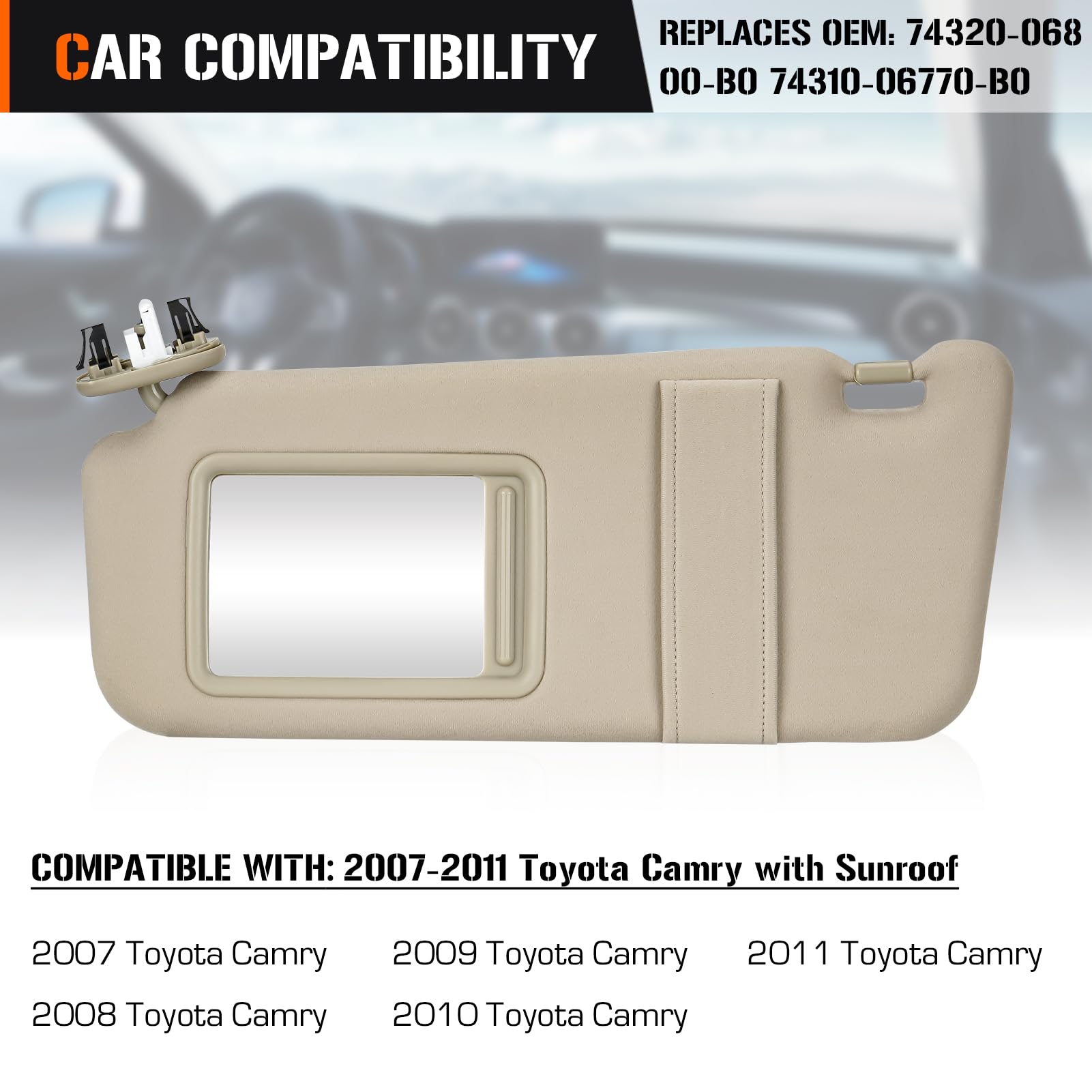 Left & Right Sun Visor With Light For Toyota Camry 2007-2011 With Sunroof, Driver & Passenger Side Beige Sunvisor Replace 74320-