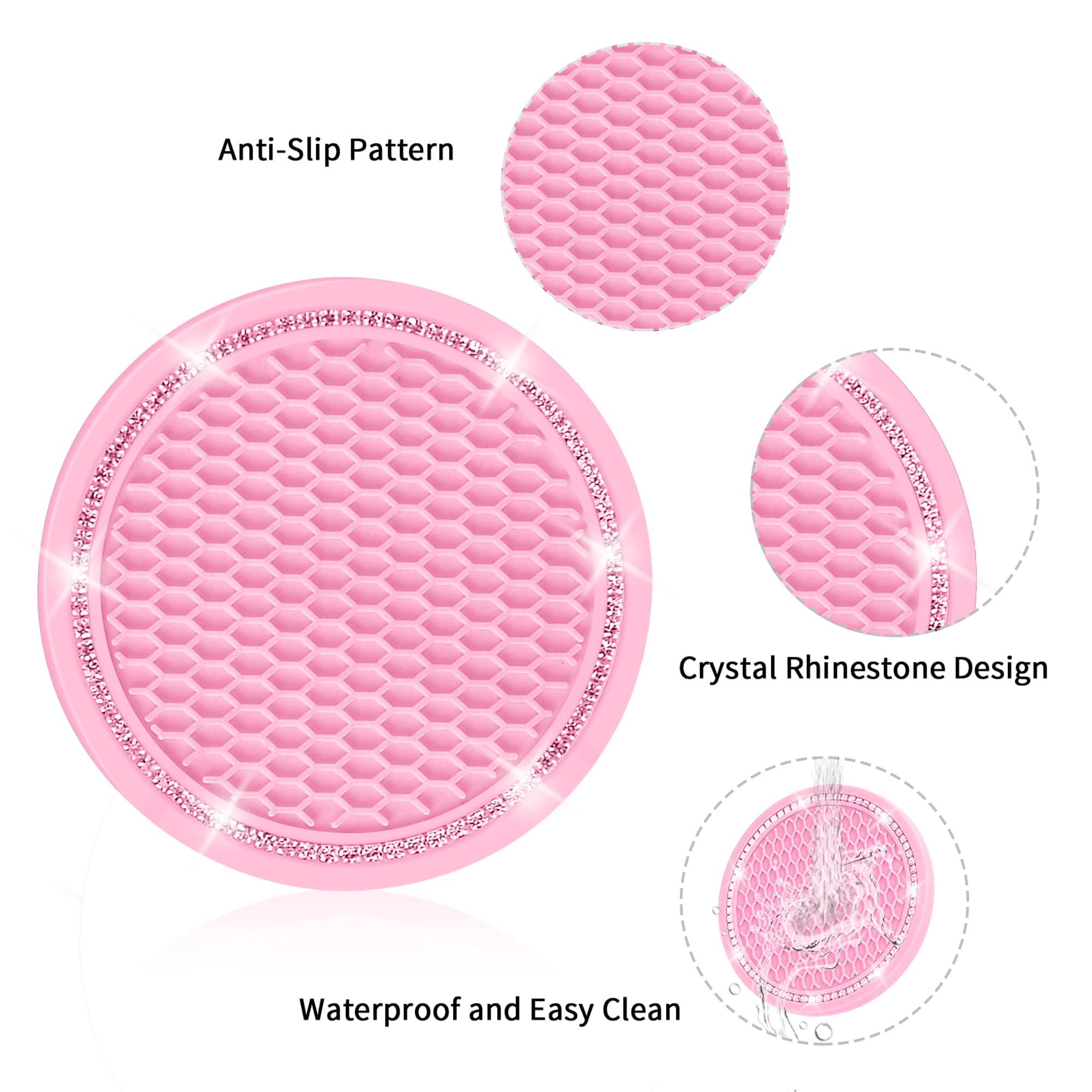 Car Coasters, 4 Pack Car Cup Holder Coaster, COCASES Crystal Rhinestone Pink Car Interior Accessories, 2.75'' Silicone Bling Dec