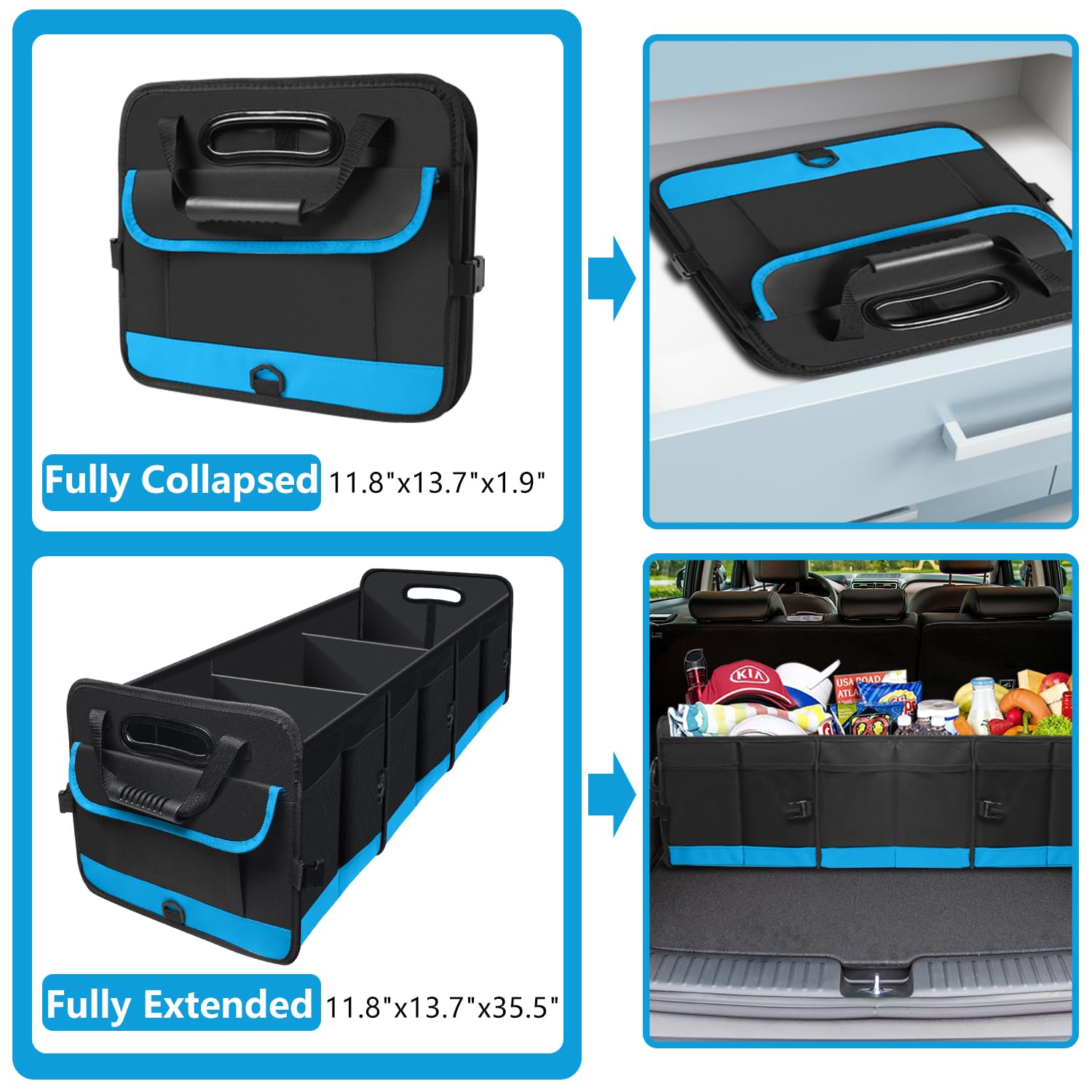 AOPHY Car Trunk Organizer, Waterproof Rubber, 95L Large Capacity, Blue, Adjustable Straps for SUV, Truck, Sedan