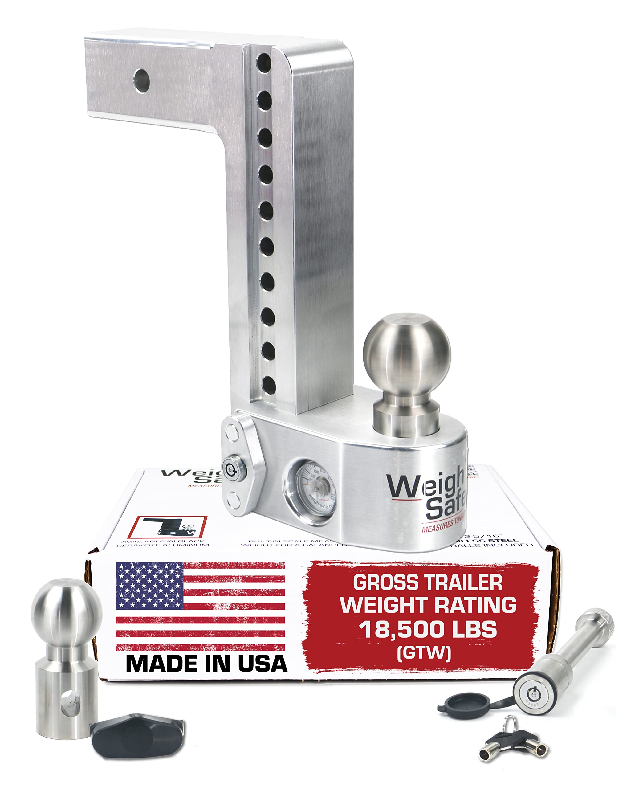 Weigh Safe Ws10-2.5-Ka 10'' Drop Hitch, 2.5'' Receiver 18,500 Lbs Gtw - Adjustable Aluminum Trailer Hitch Ball Mount W/ Built-In