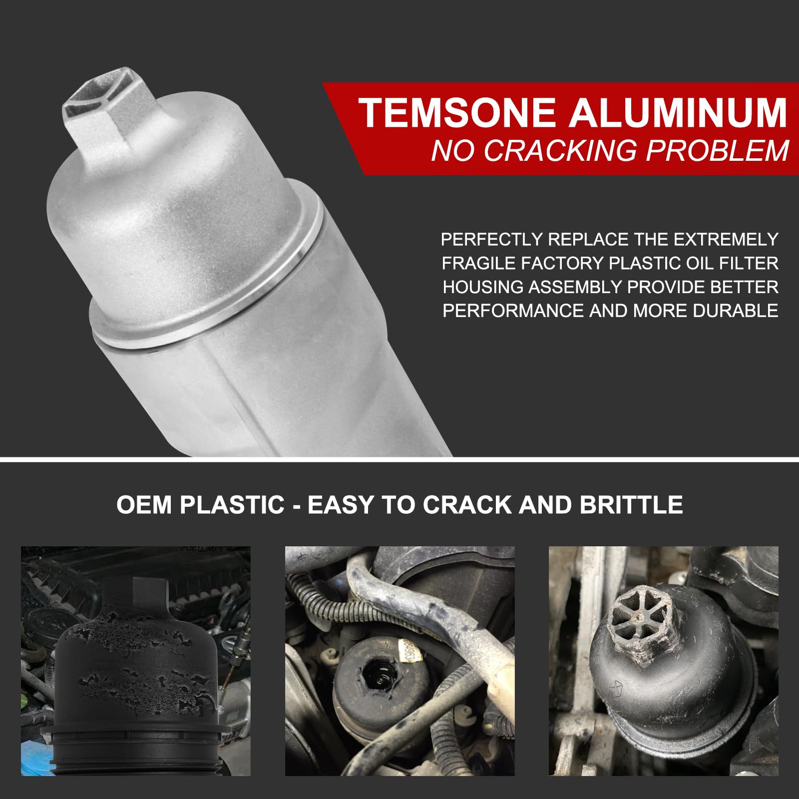 TEMSONE Aluminum Engine Oil Filter Housing Cooler Kit - 2017-2018 Chrysler 200/300, Dodge Charger, 3.2/3.6 V6, Includes Gaskets &