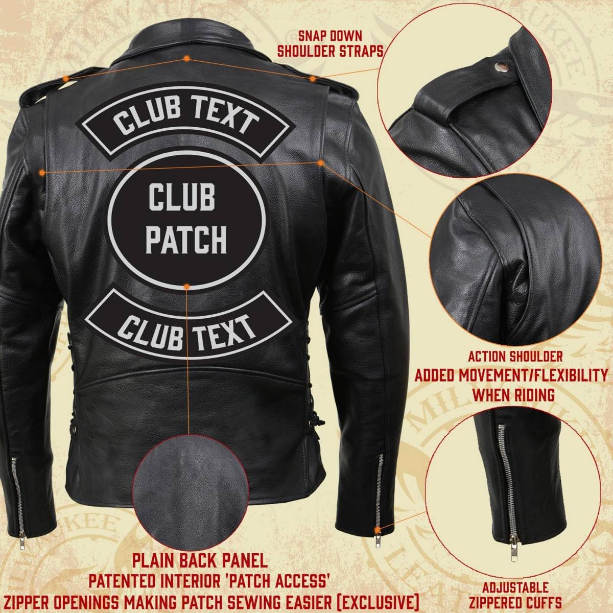 Milwaukee Leather Sh1011 Black Classic Brando Motorcycle Jacket For Men Made Of Cowhide Leather W/Side Lacing - Xx-Large