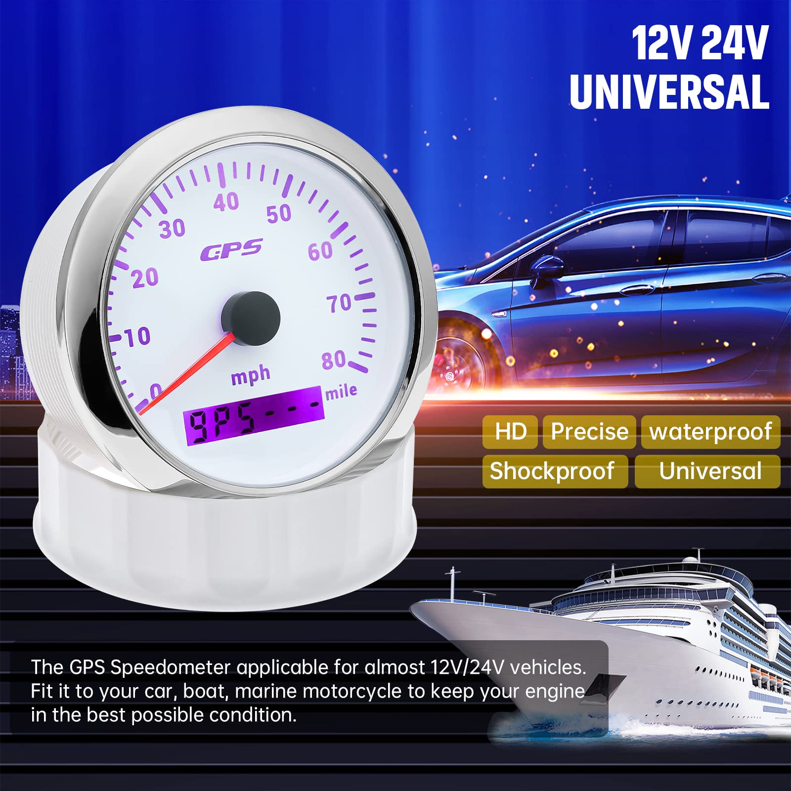Artilaura Gps Speedometer Boat 85Mm 3-3/8'' 7 Color 80Mph Gauge Waterproof 9-32V For Marine Auto Car Motorcycle Truck (White)