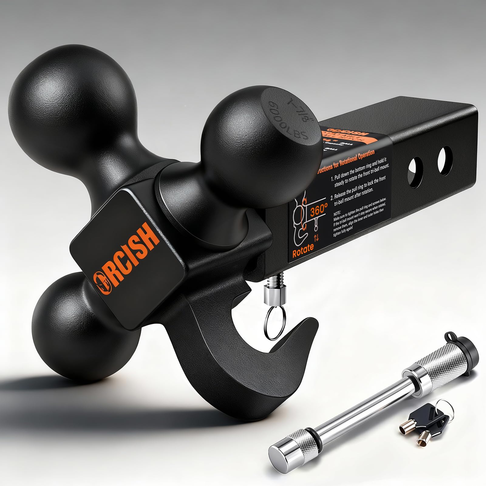 ORCISH 360 Swivel Trailer Hitch, Tri-Ball Mount with Heavy Duty Hook & Anti-Theft Lock, Matte Black Plated Trailer Ball Size 1-7
