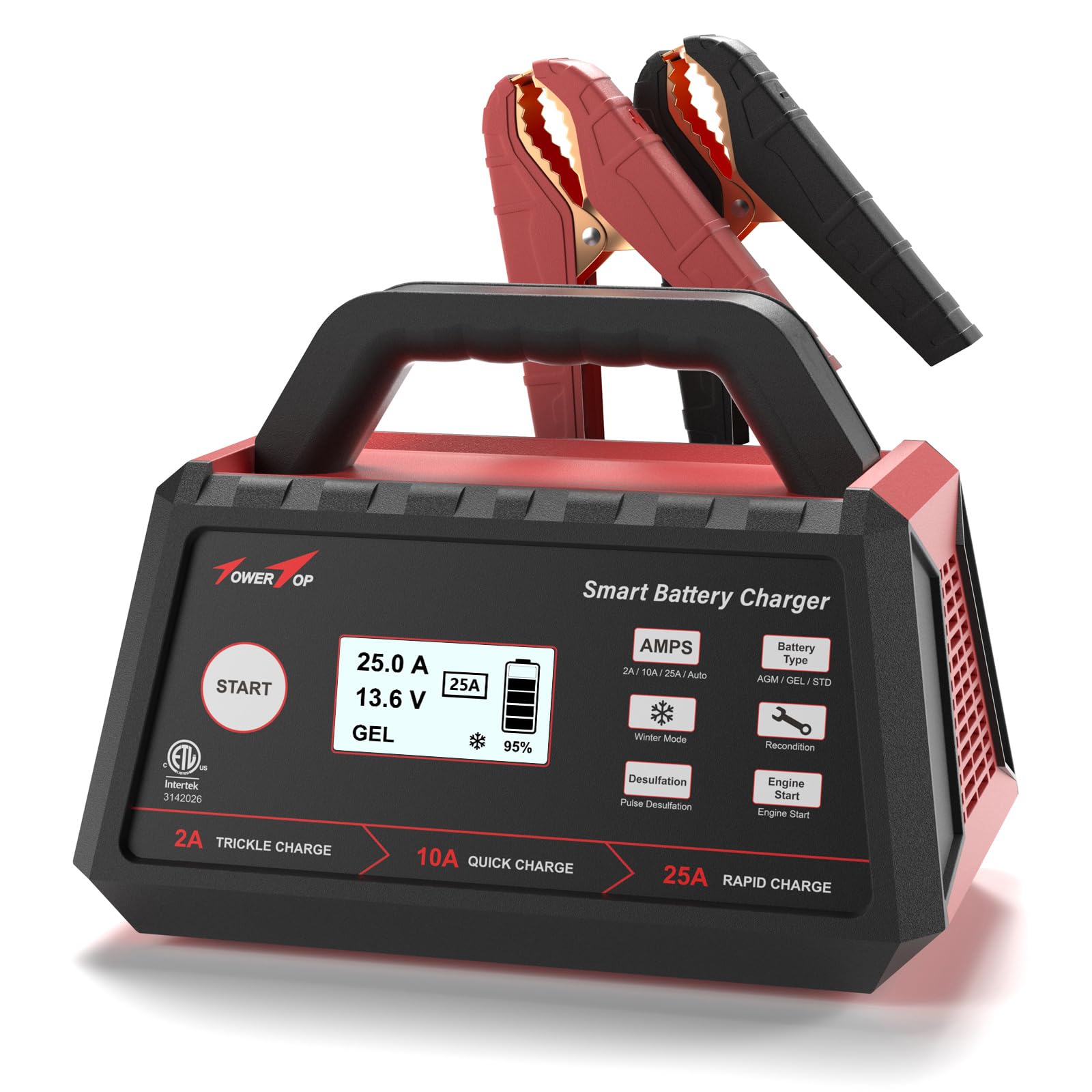 TowerTop 12V Smart Car Battery Charger, 25A Fully Automatic Maintainer with Engine Start & Auto Desulfator for AGM, STD, Gel, Deep Cycle Batteries