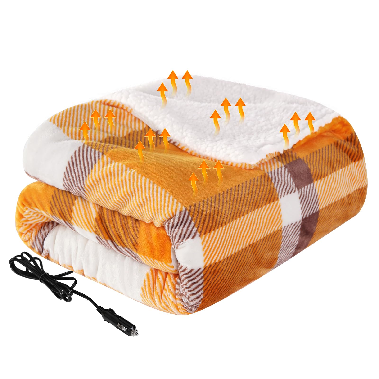 Westinghouse Heated Car Blanket, 12-Volt Electric Blanket for Car, Truck, SUV, RV, Portable Heated Throw for Camping, Orange Buf