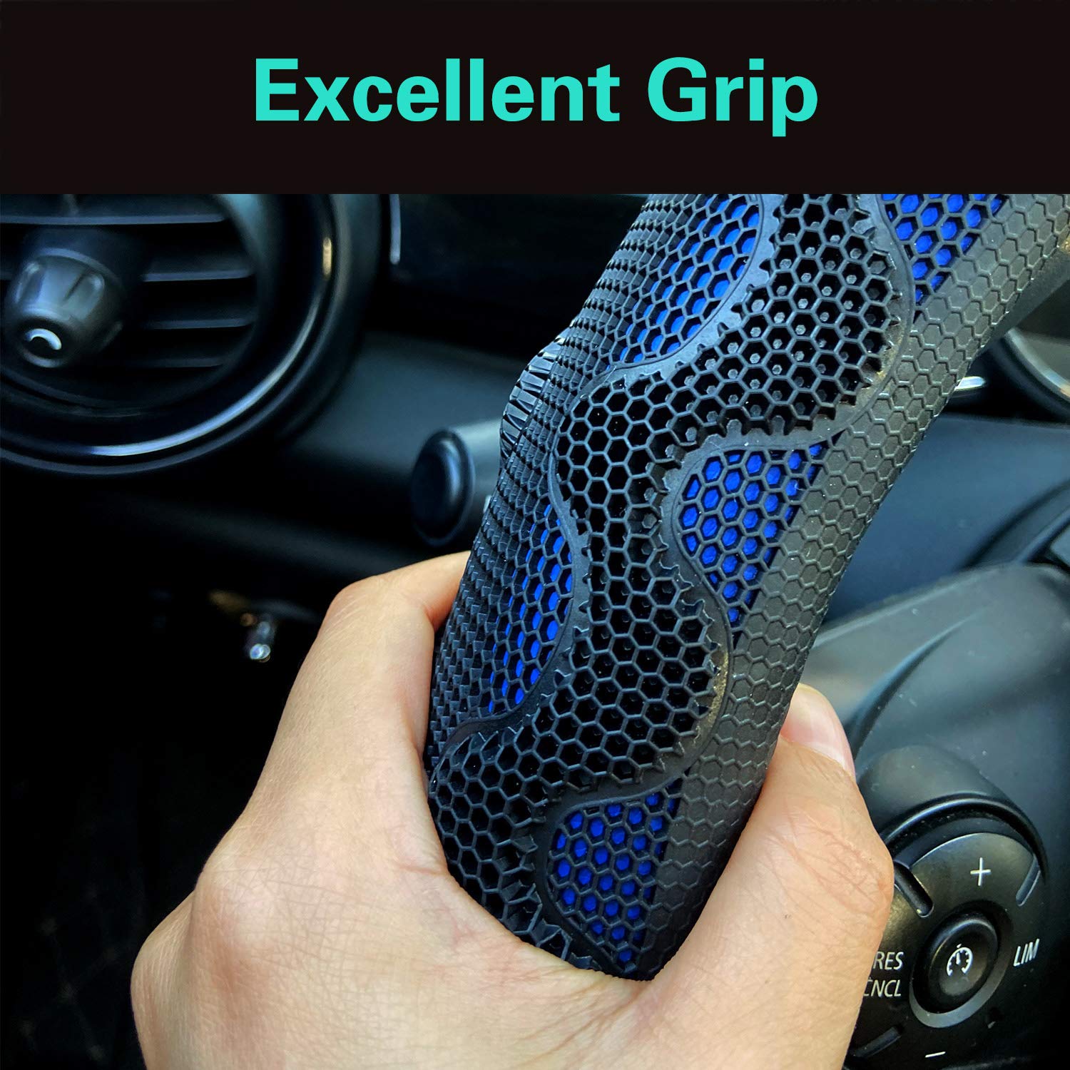 Pinctrot Large Size Steering Wheel Cover Great Grip With 3D Honeycomb Anti-Slip Design, 15.5-15.75 Inch (Blue)