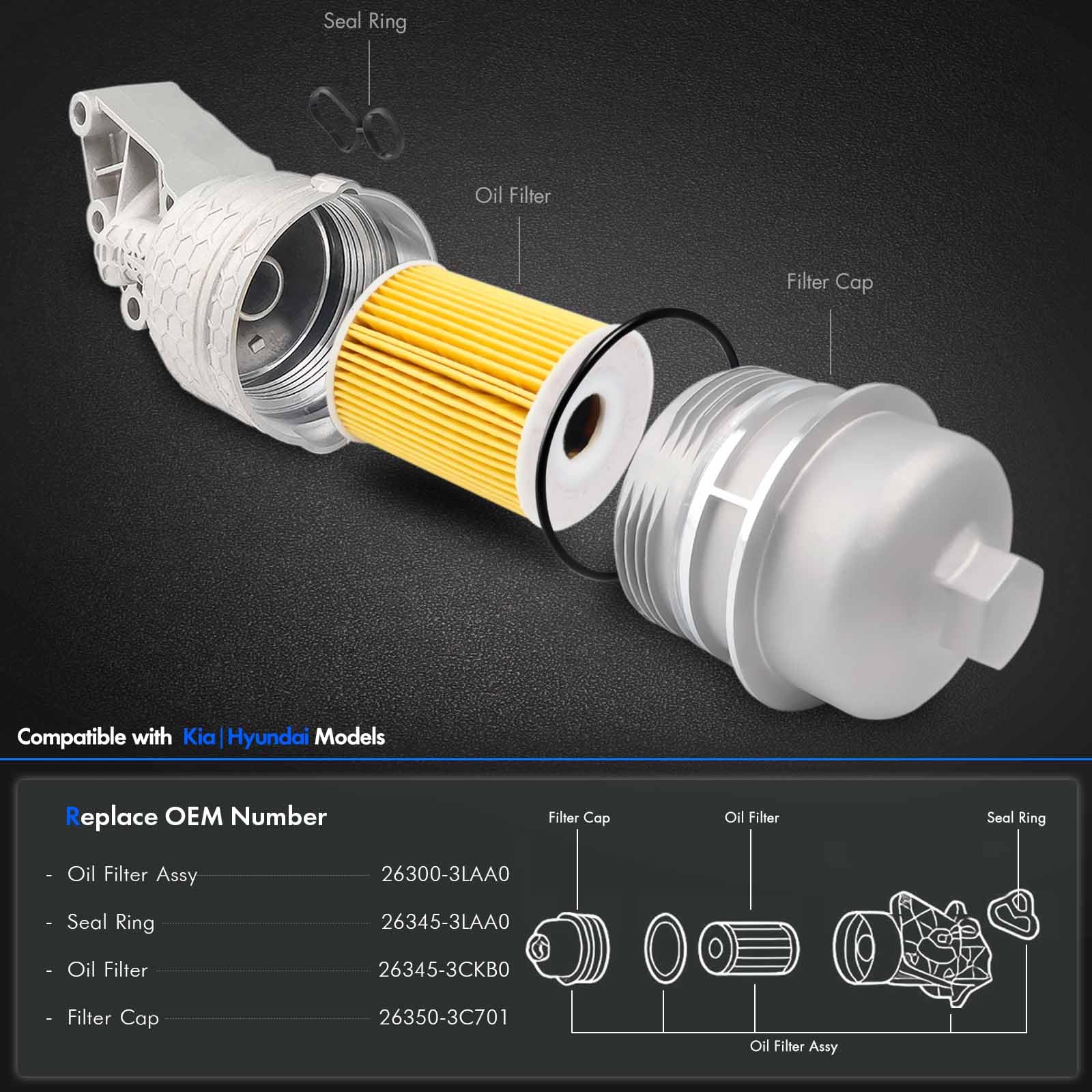 RANHAOYUYUL Aluminum Oil Filter Assembly Kit for Hyundai Palisade, Genesis G80, Kia Telluride, Silver, Model 26300-3LAA0