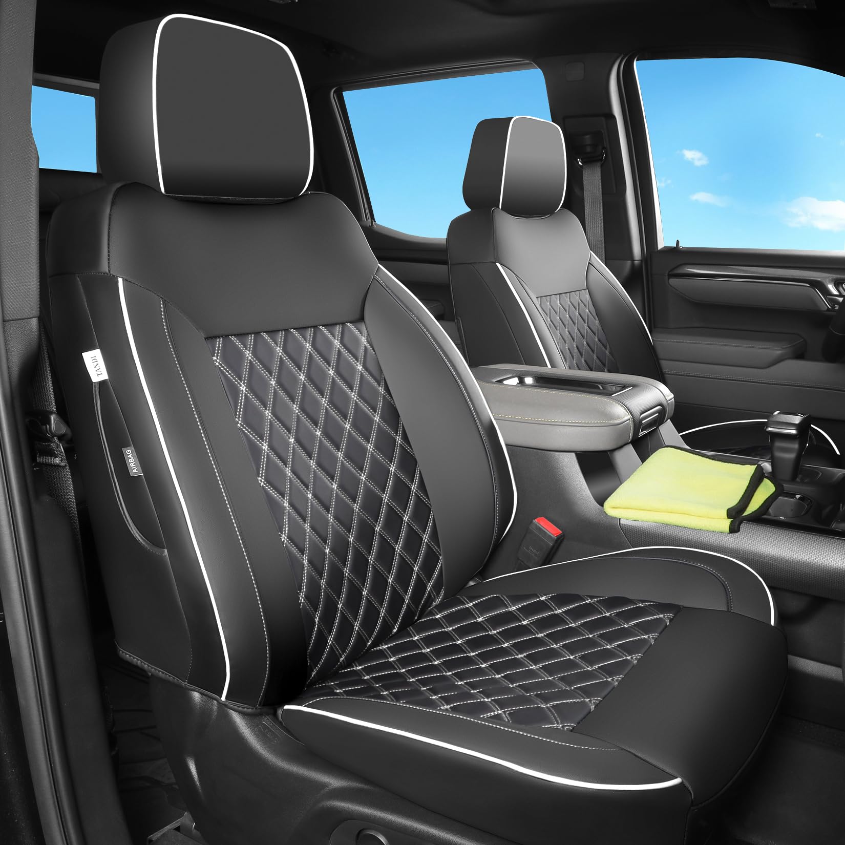 TANDI Faux Leather Seat Covers for Chevy Silverado & GMC Sierra 2019-2025, Full Set SG-A, Black with White Trim